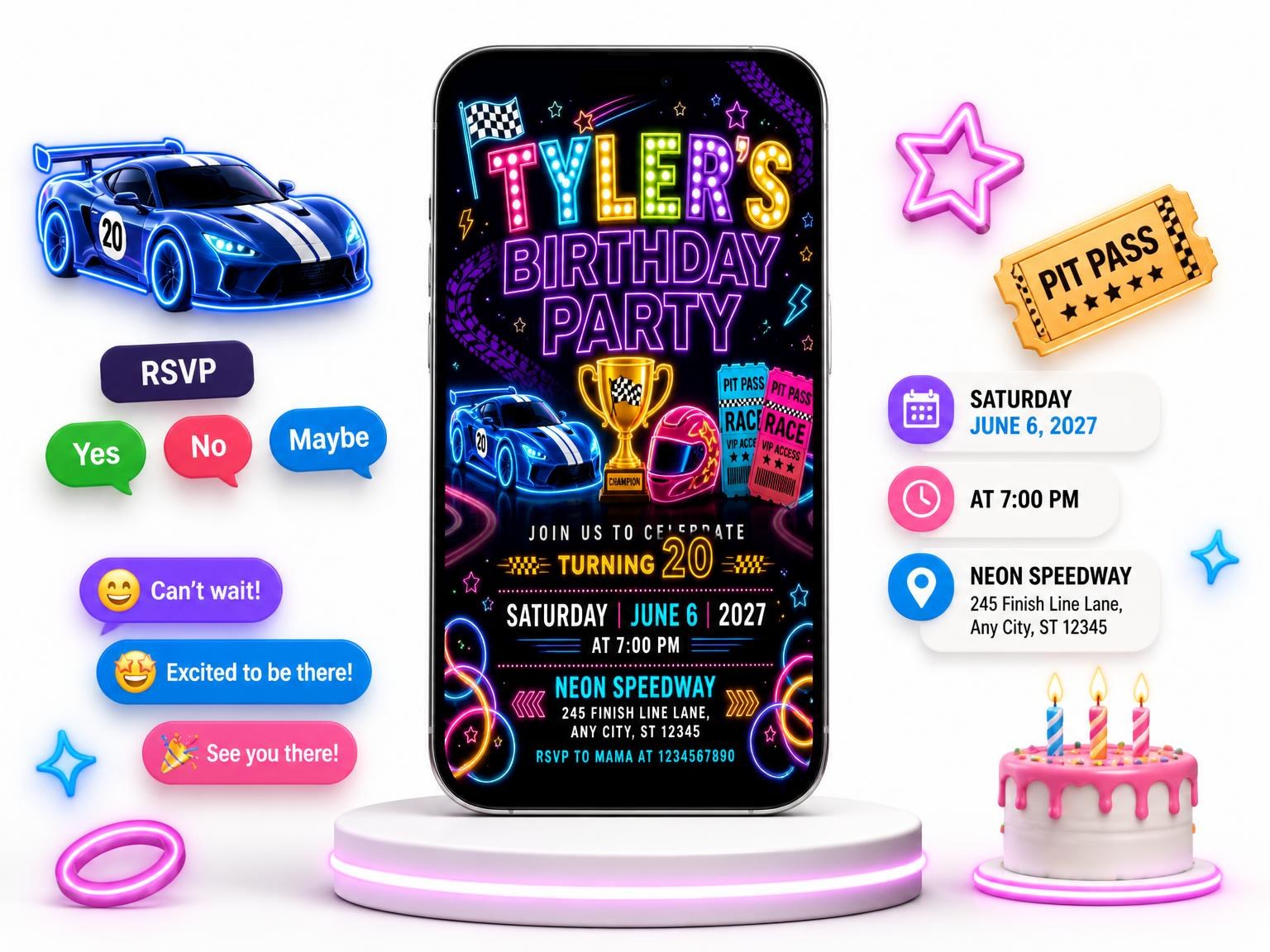The Neon Race Cars 20th Birthday Invitation invitation on a phone, with guest RSVPs arriving around it