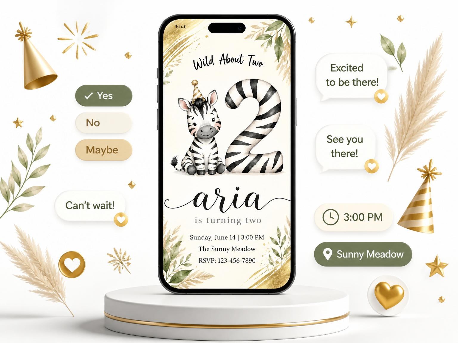The Gold Watercolor Zebra 2nd Birthday invitation on a phone, with guest RSVPs arriving around it