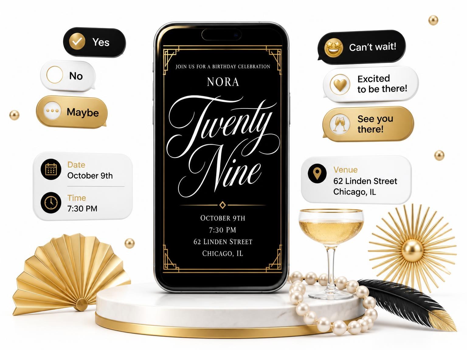 The Art Deco 29th Birthday Invitation invitation on a phone, with guest RSVPs arriving around it