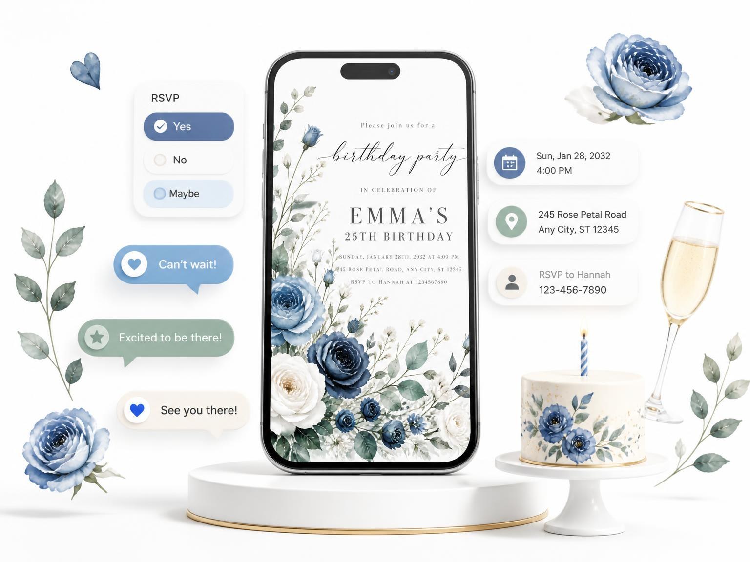 The Floral Milestone Dusty Blue 25th Birthday Invitation invitation on a phone, with guest RSVPs arriving around it