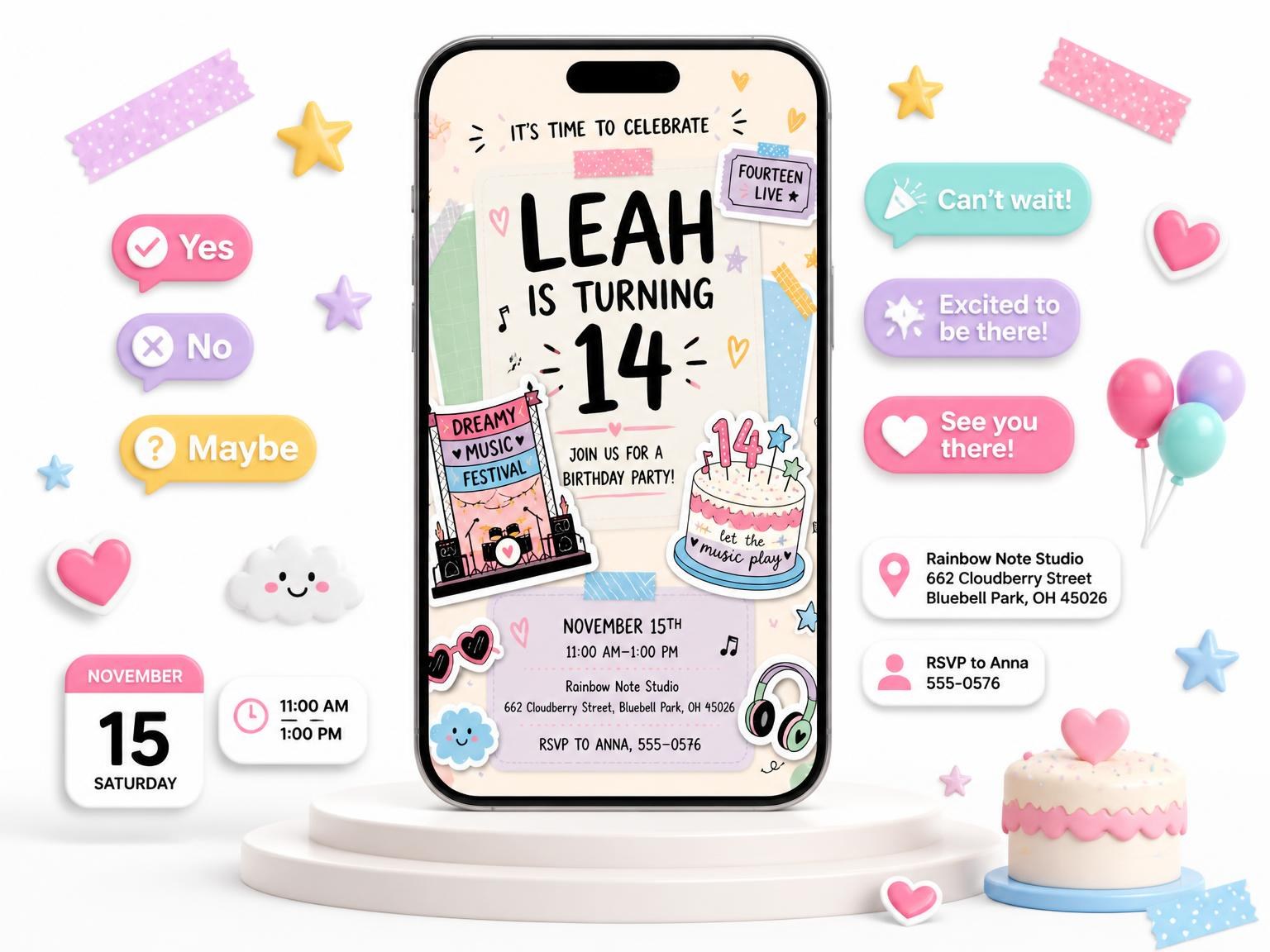 The Concert Stage Pastel 14th Birthday Invitation invitation on a phone, with guest RSVPs arriving around it