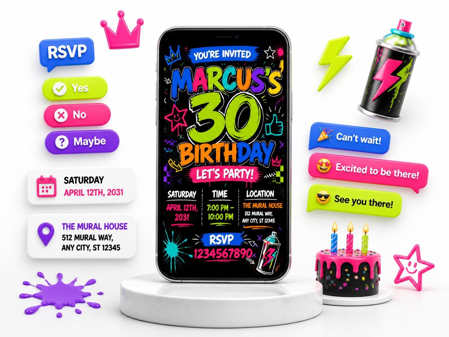 The Graffiti Street Art 30th Birthday Invitation invitation on a phone, with guest RSVPs arriving around it