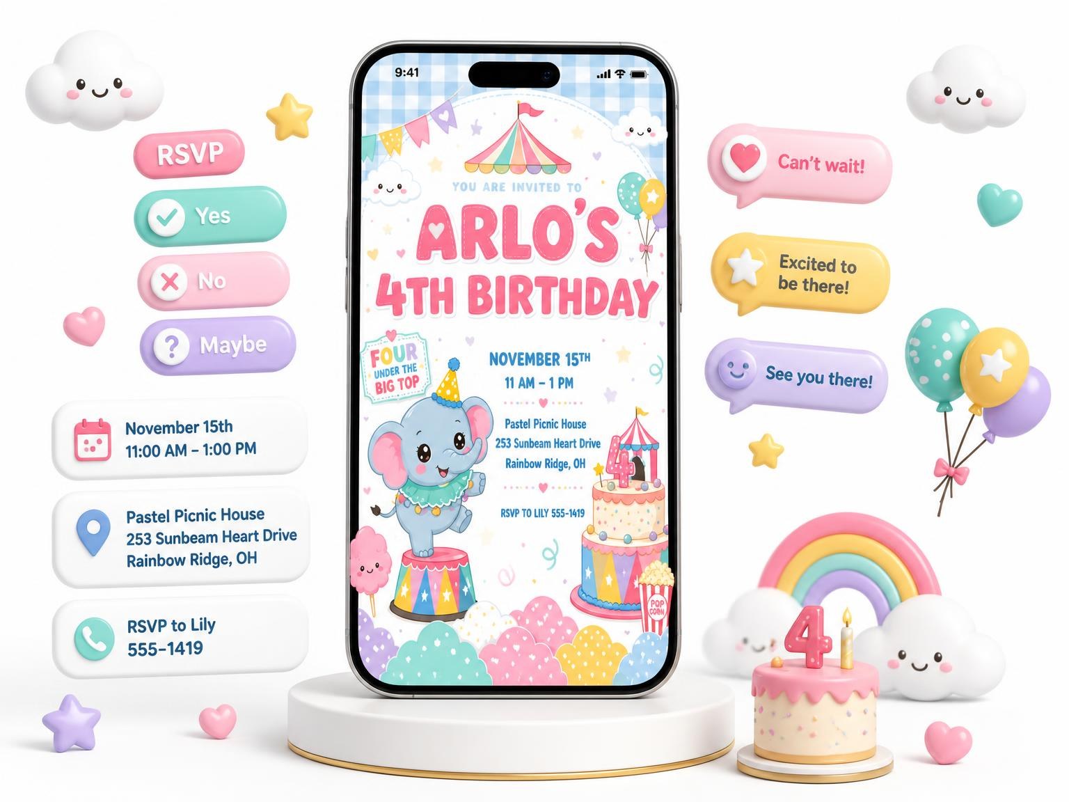 The Pastel Circus 4th Birthday Invitation invitation on a phone, with guest RSVPs arriving around it