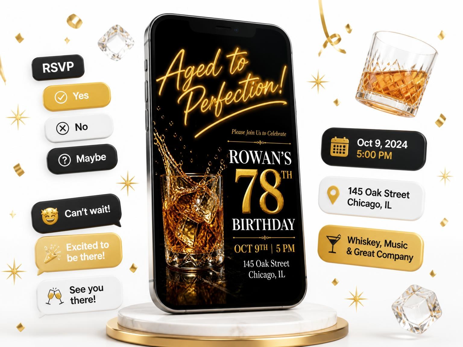 The Whiskey Glass 78th Birthday Invitation invitation on a phone, with guest RSVPs arriving around it