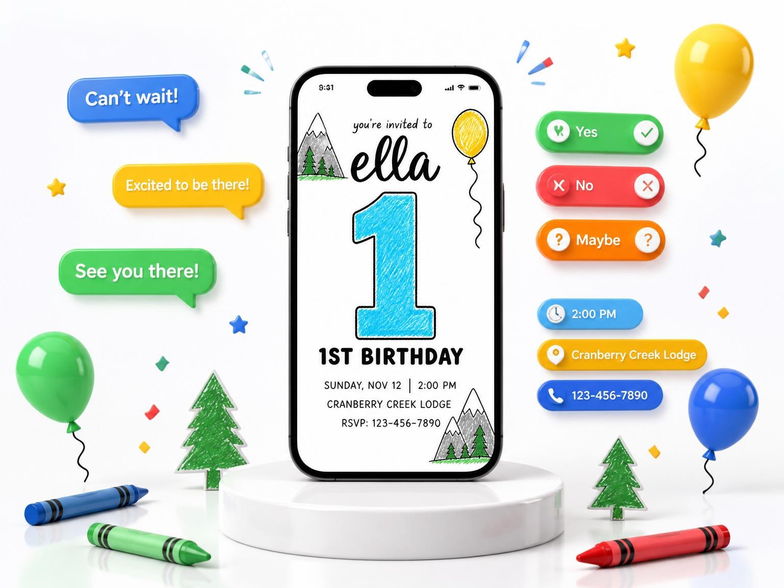 The Crayon Mountain Pine 1st Birthday invitation on a phone, with guest RSVPs arriving around it