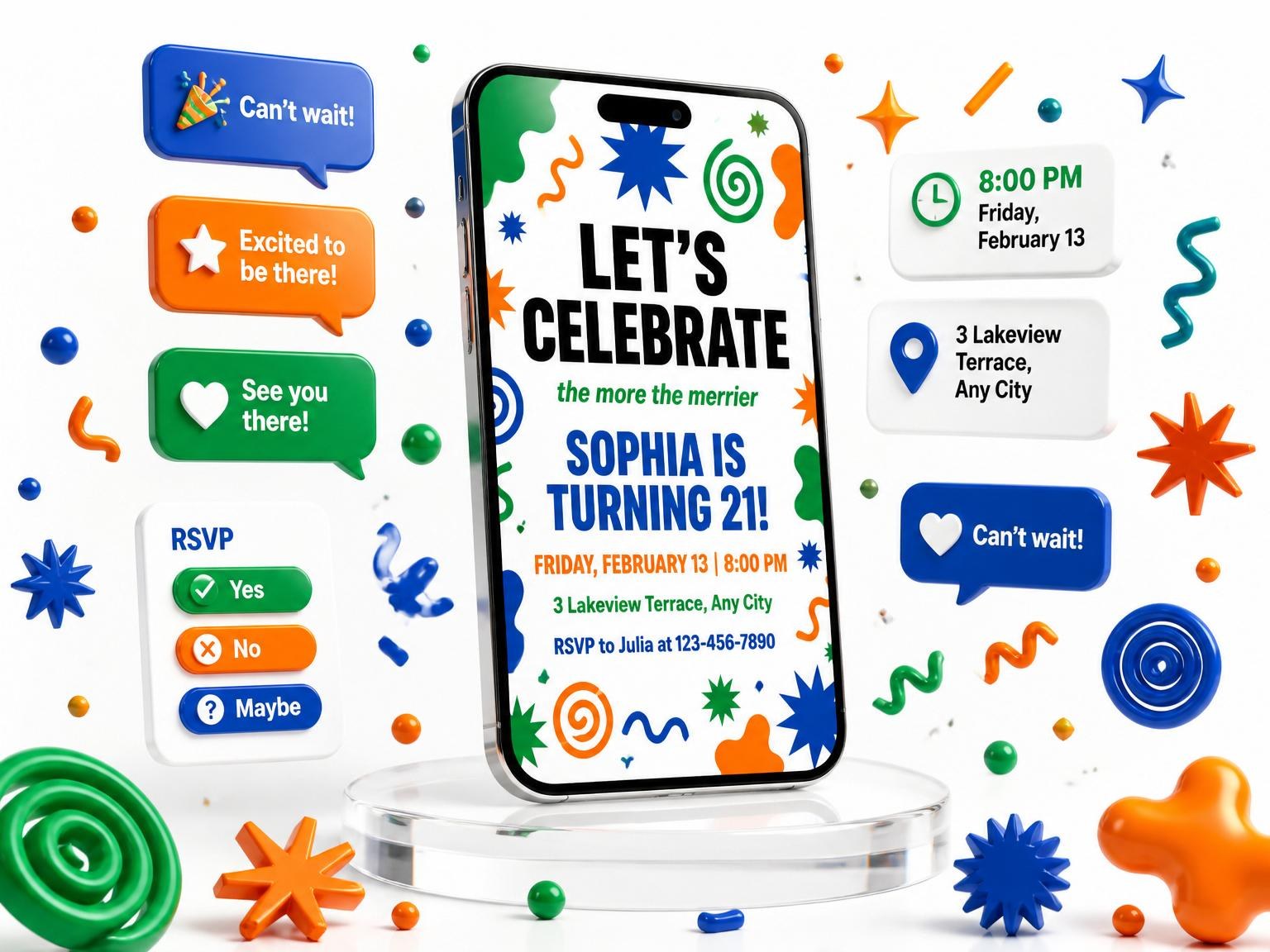 The Memphis Geometric Print Birthday Invitation invitation on a phone, with guest RSVPs arriving around it