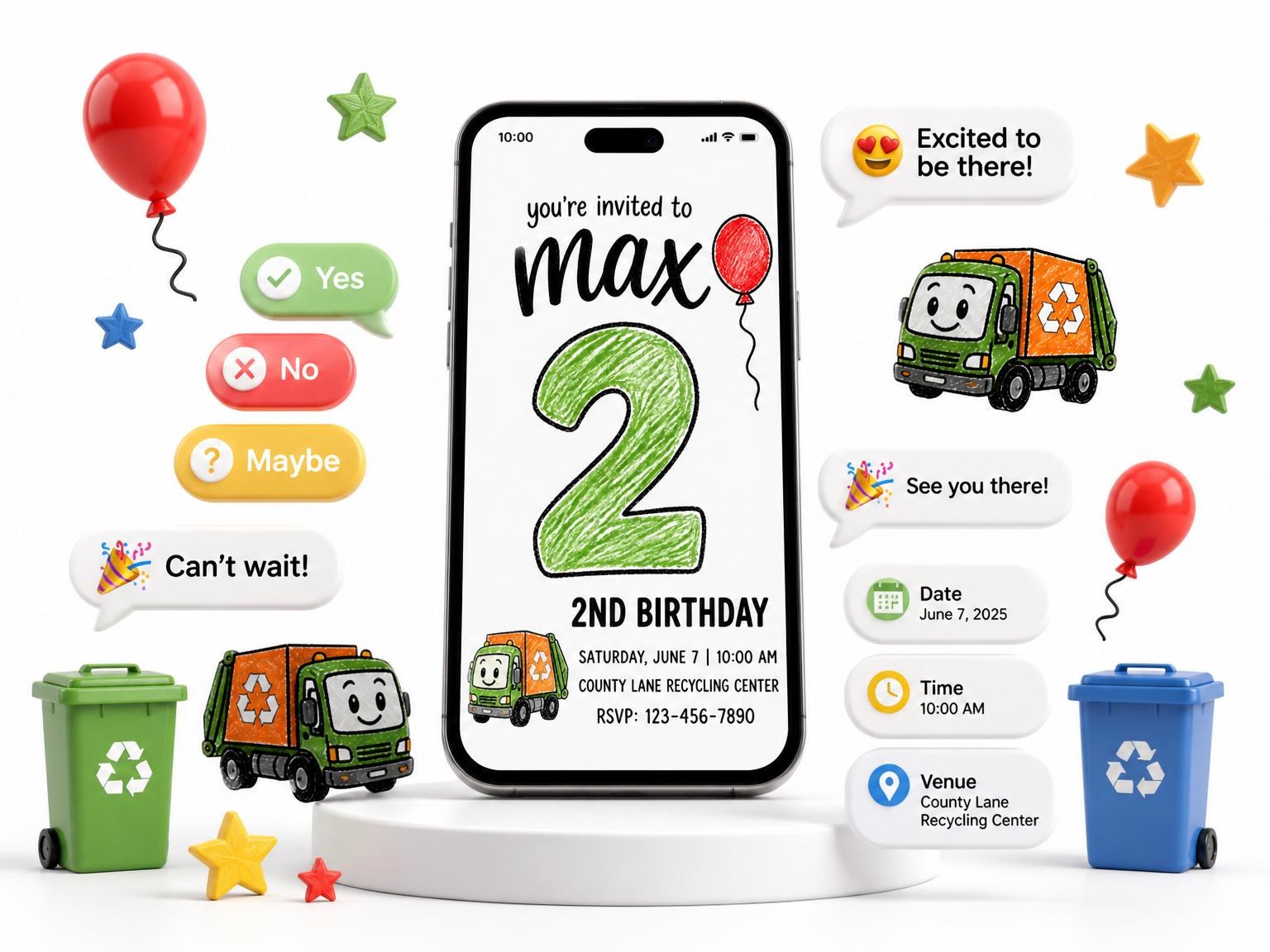 The Crayon Art Recycling Truck 2nd Birthday invitation on a phone, with guest RSVPs arriving around it