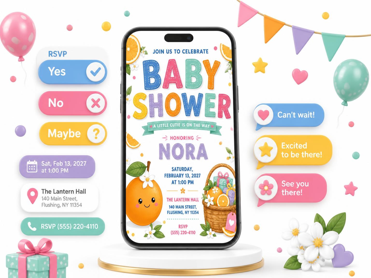 The Clementine Orange Baby Shower Invitation invitation on a phone, with guest RSVPs arriving around it