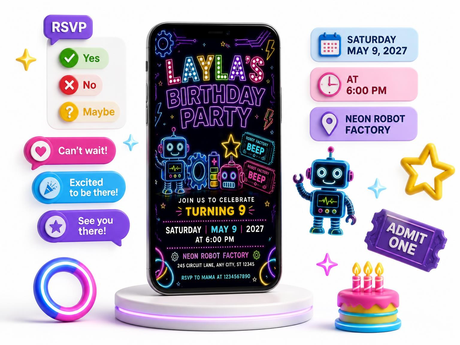 The Neon Robots 9th Birthday Invitation invitation on a phone, with guest RSVPs arriving around it