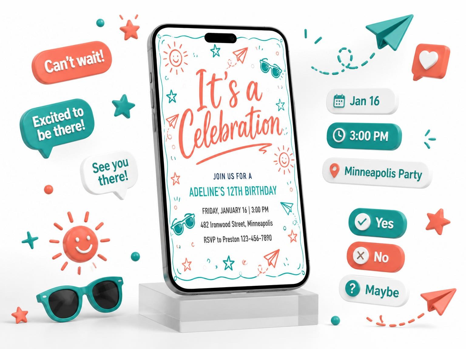 The Coral and Teal Doodle 12th Birthday invitation on a phone, with guest RSVPs arriving around it