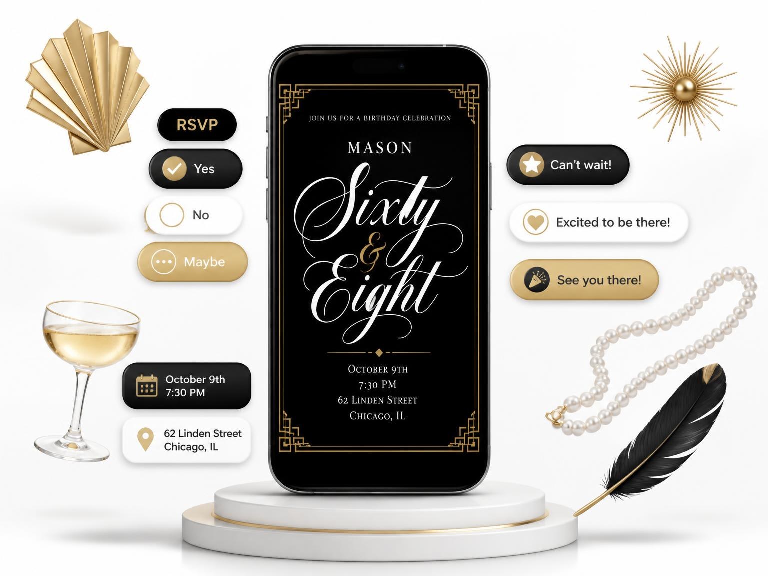 The Art Deco 68th Birthday Invitation invitation on a phone, with guest RSVPs arriving around it