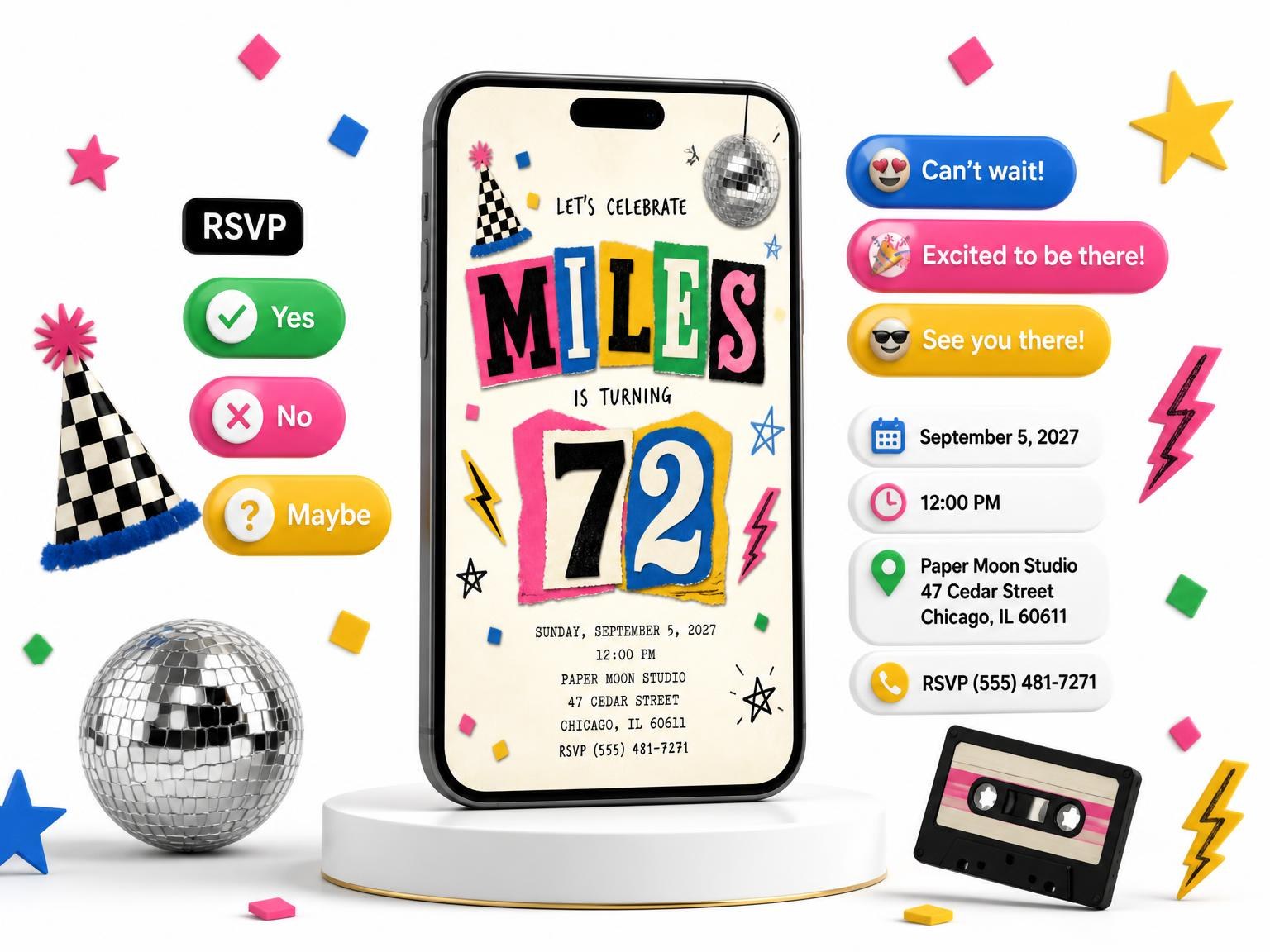 The Retro Paper Collage 72nd Birthday Invitation invitation on a phone, with guest RSVPs arriving around it