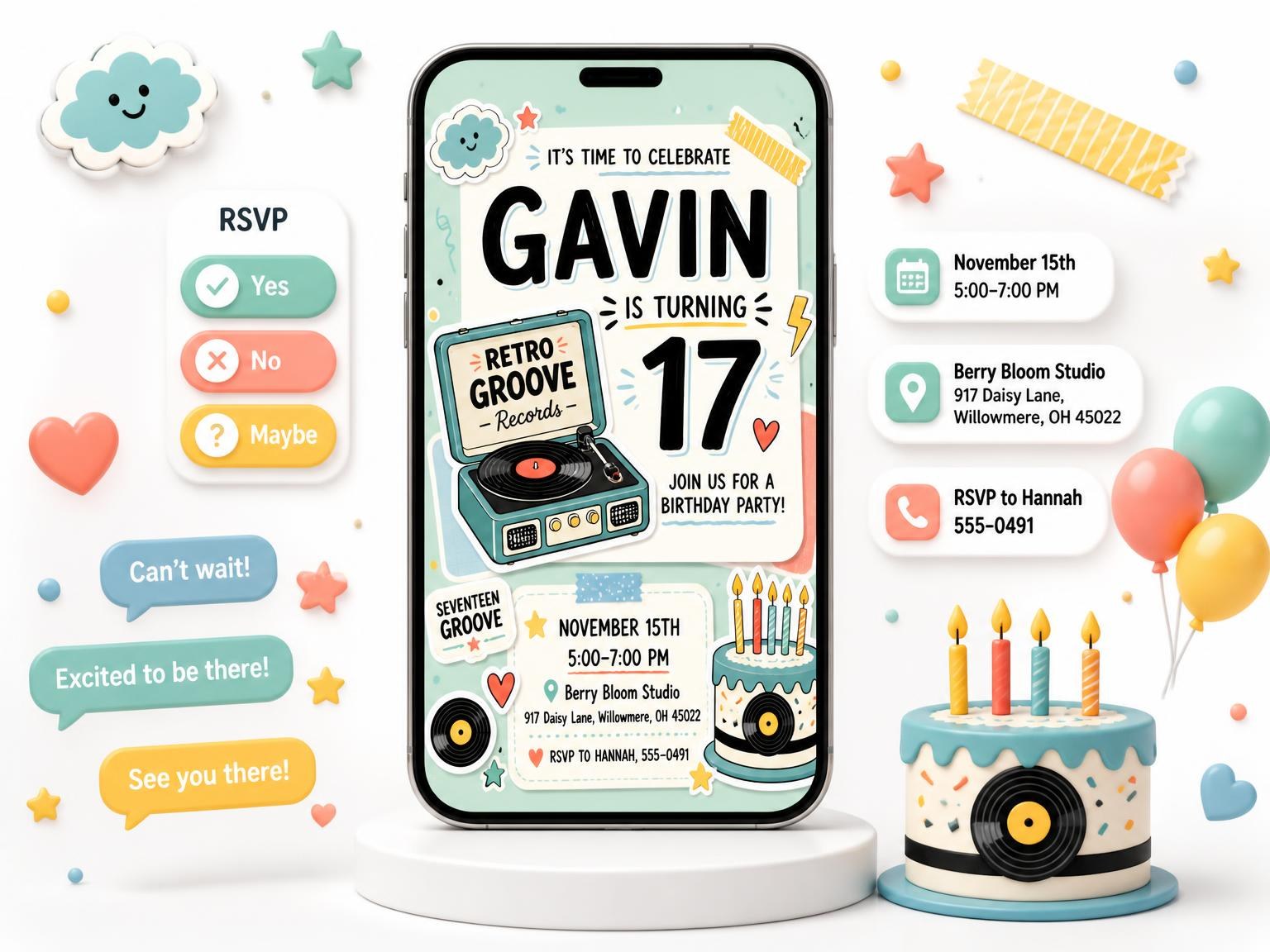 The Record Player Pastel 17th Birthday Invitation invitation on a phone, with guest RSVPs arriving around it