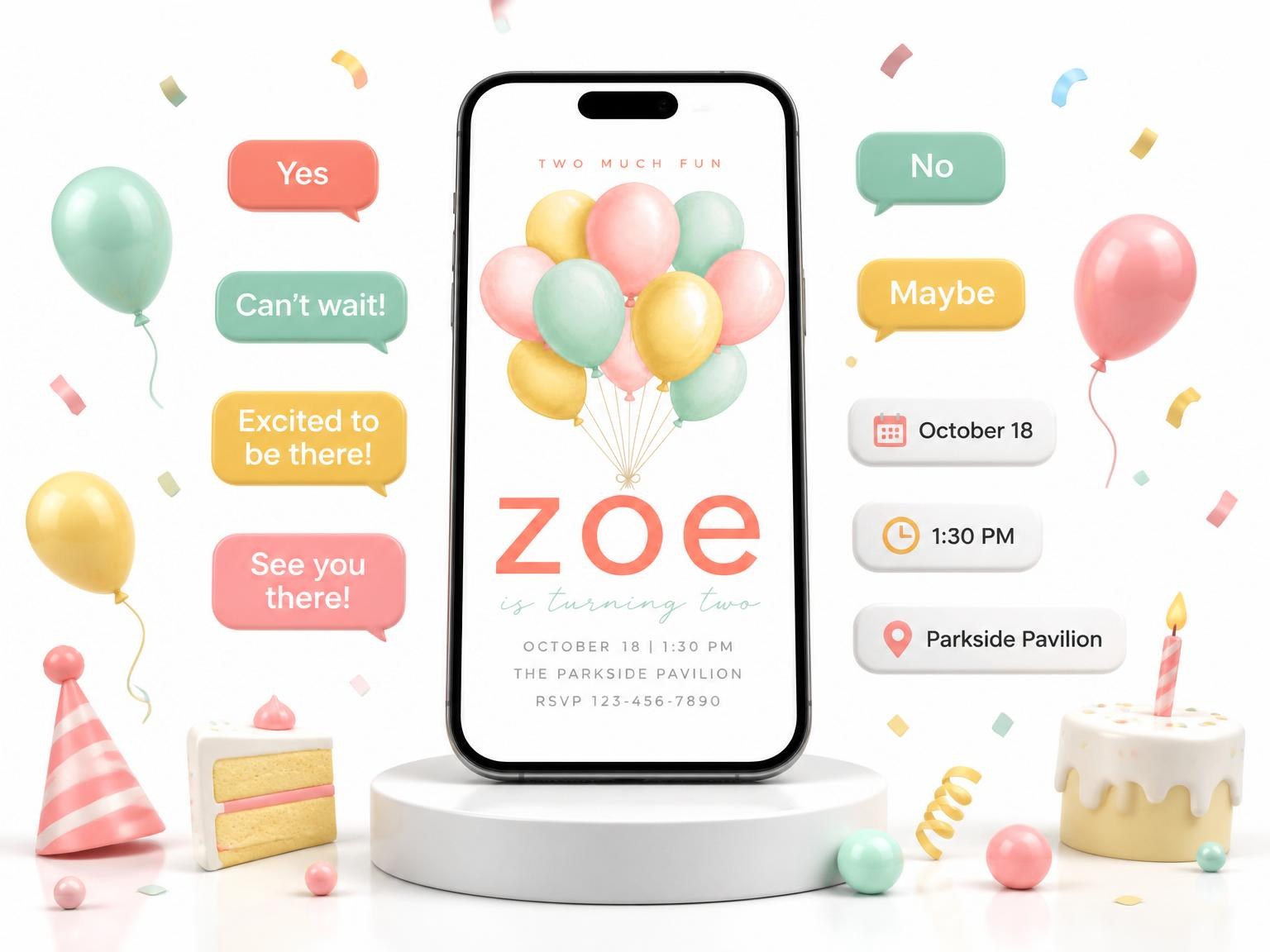 The Pastel Watercolor Balloon 2nd Birthday invitation on a phone, with guest RSVPs arriving around it