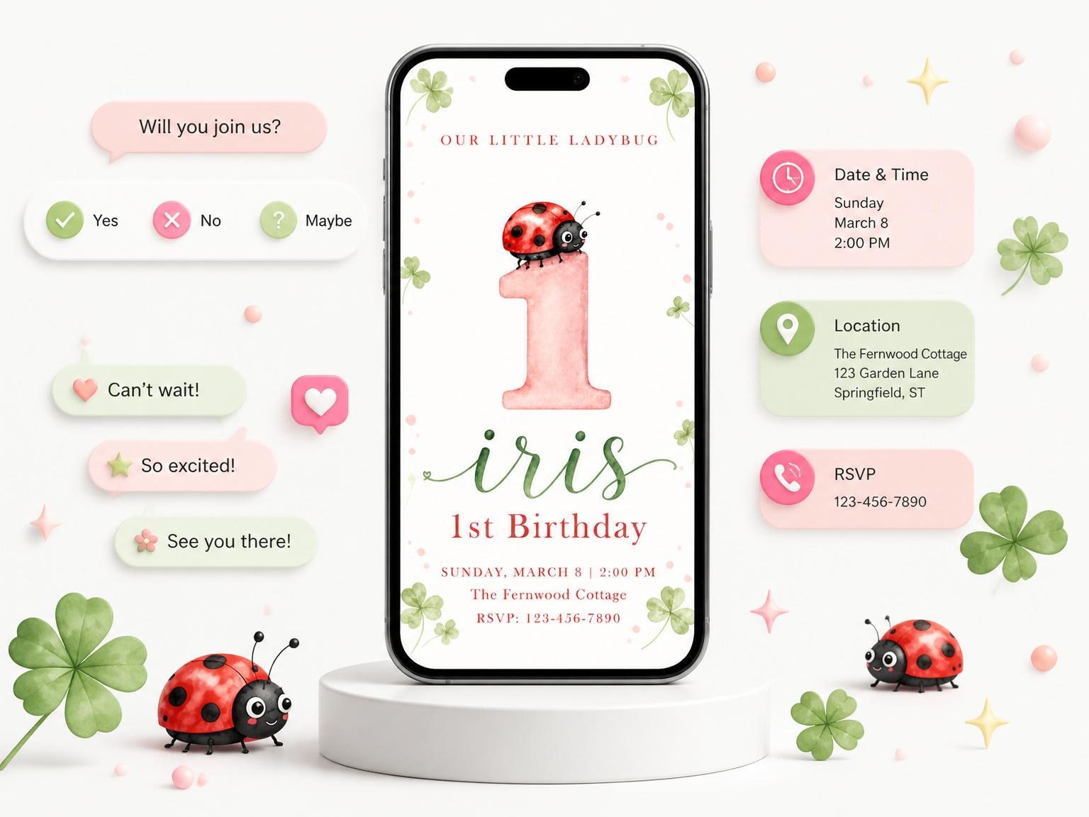 The Pink Watercolor Ladybug 1st Birthday invitation on a phone, with guest RSVPs arriving around it