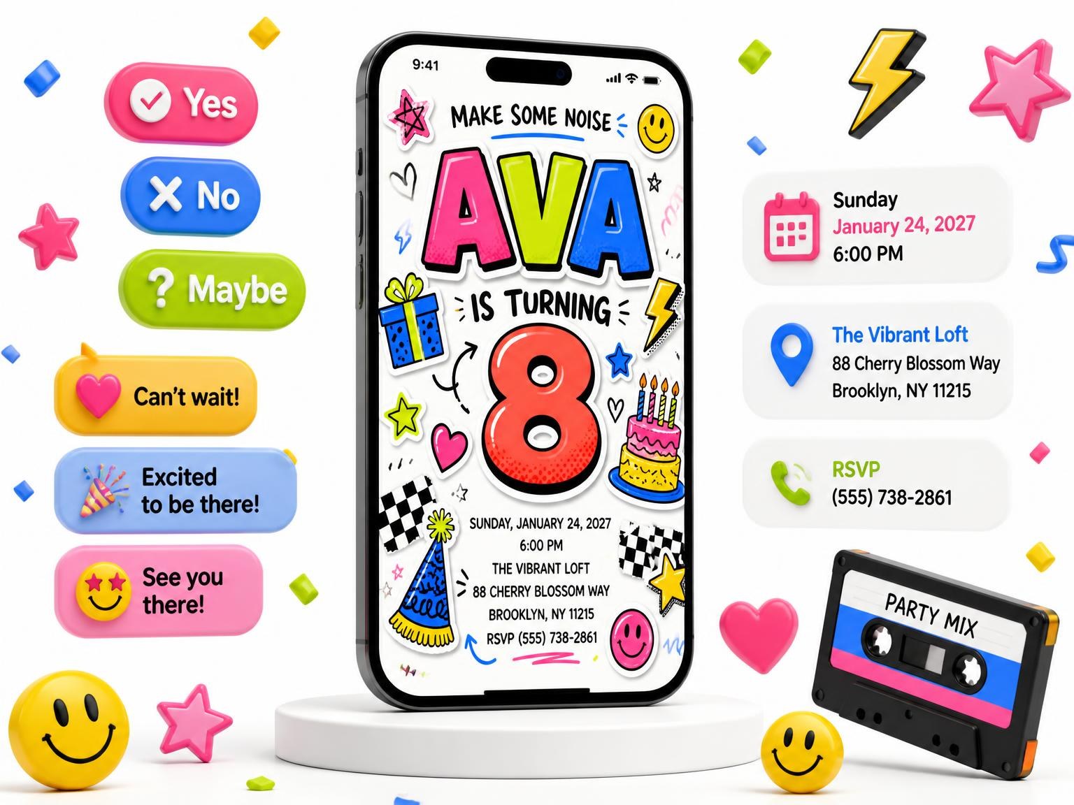 The Sticker Pop 8th Birthday Invitation invitation on a phone, with guest RSVPs arriving around it