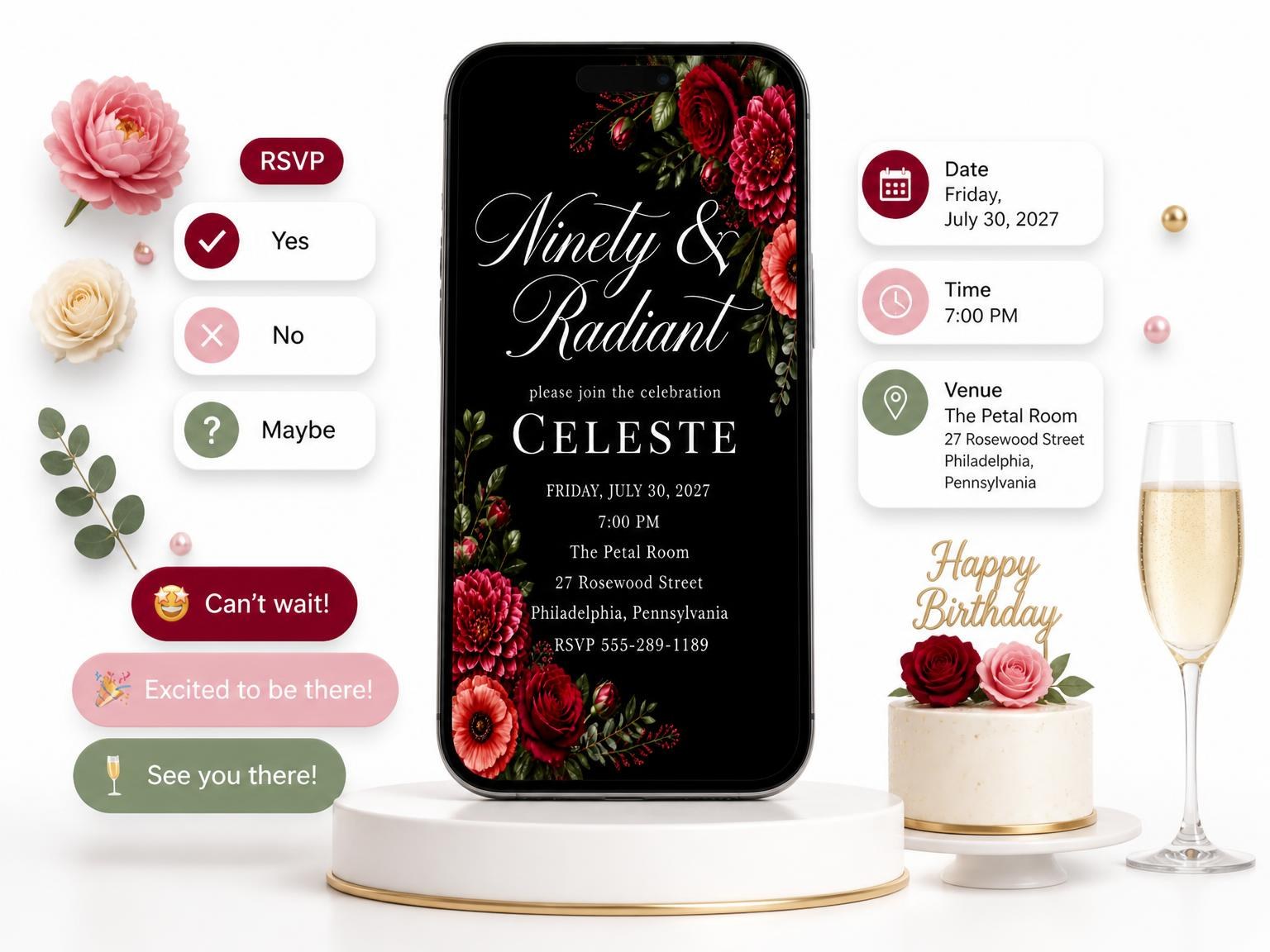 The Black Floral 90th Birthday Invitation invitation on a phone, with guest RSVPs arriving around it