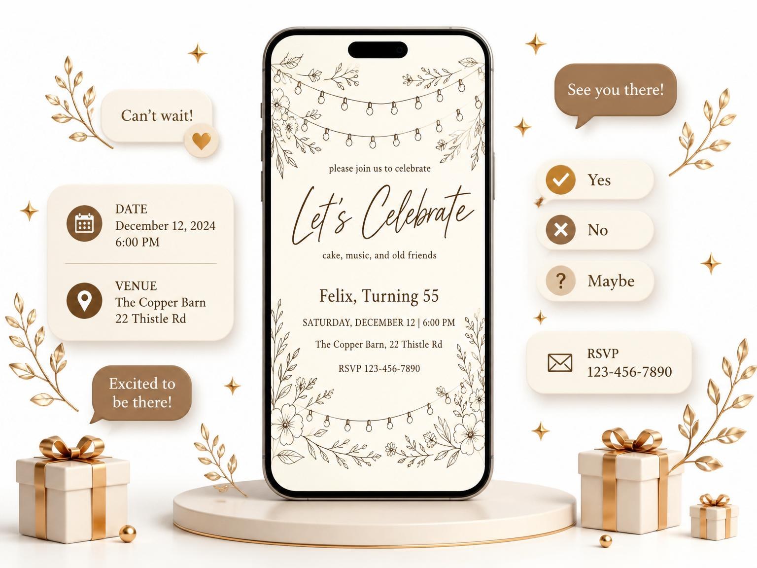 The Cream Brown Floral String Light 55th Birthday invitation on a phone, with guest RSVPs arriving around it