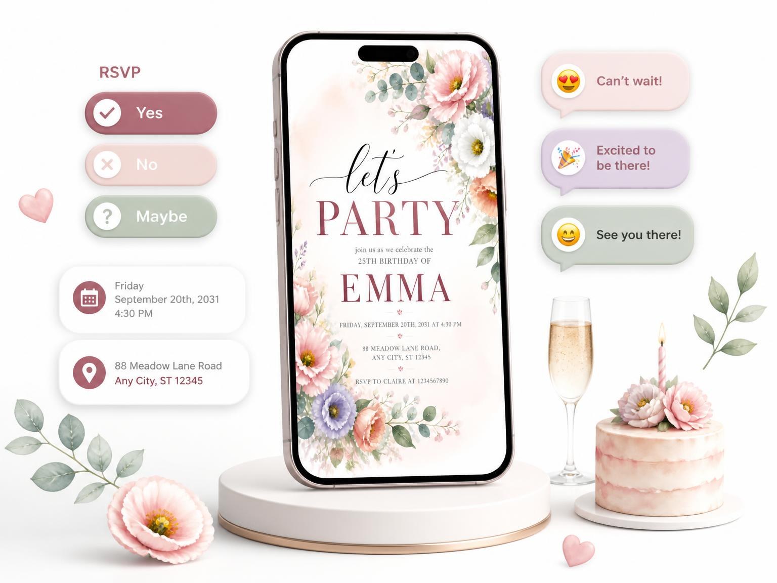 The Pastel Floral Garden 25th Birthday Invitation invitation on a phone, with guest RSVPs arriving around it