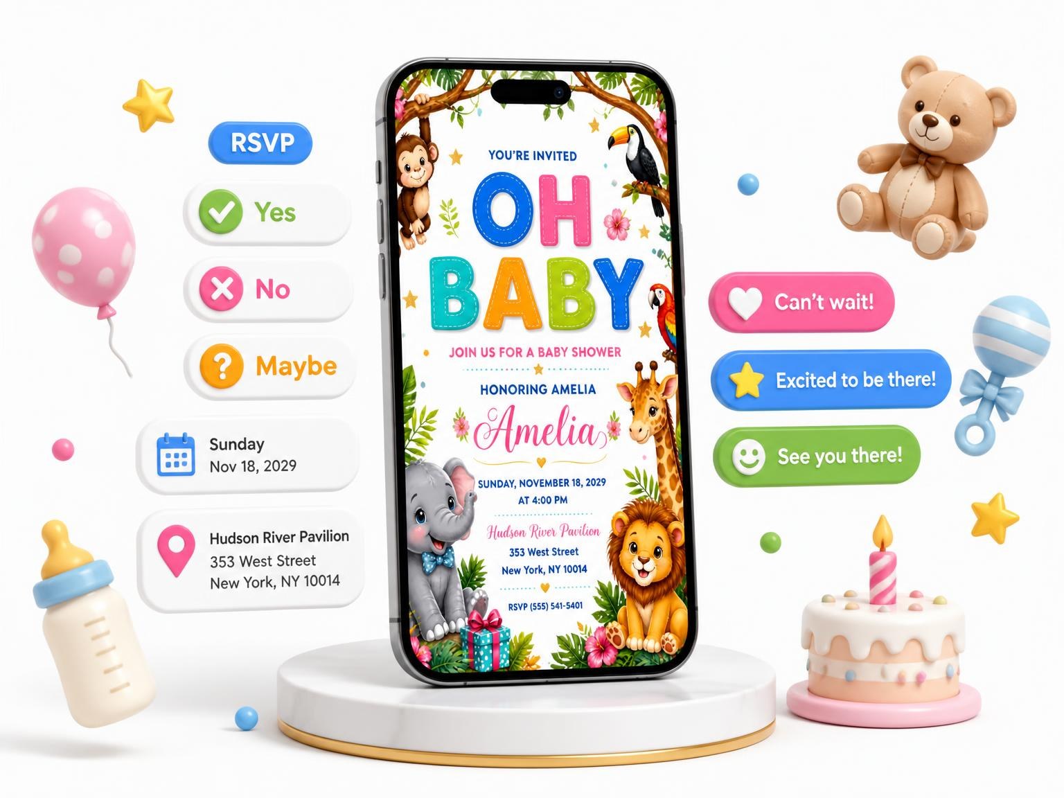 The Animals Baby Shower Invitation invitation on a phone, with guest RSVPs arriving around it