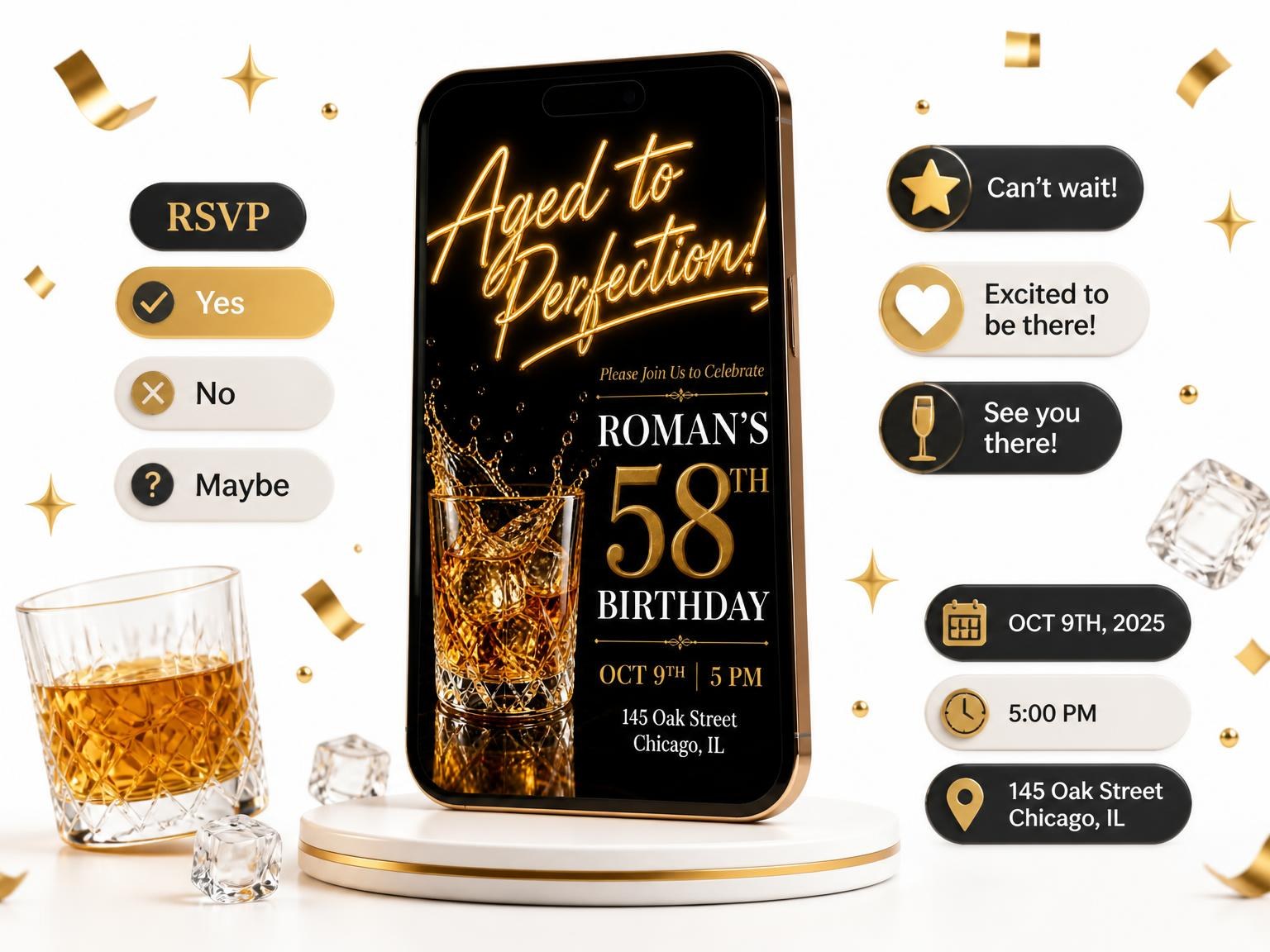 The Crystal Whiskey 58th Birthday Invitation invitation on a phone, with guest RSVPs arriving around it