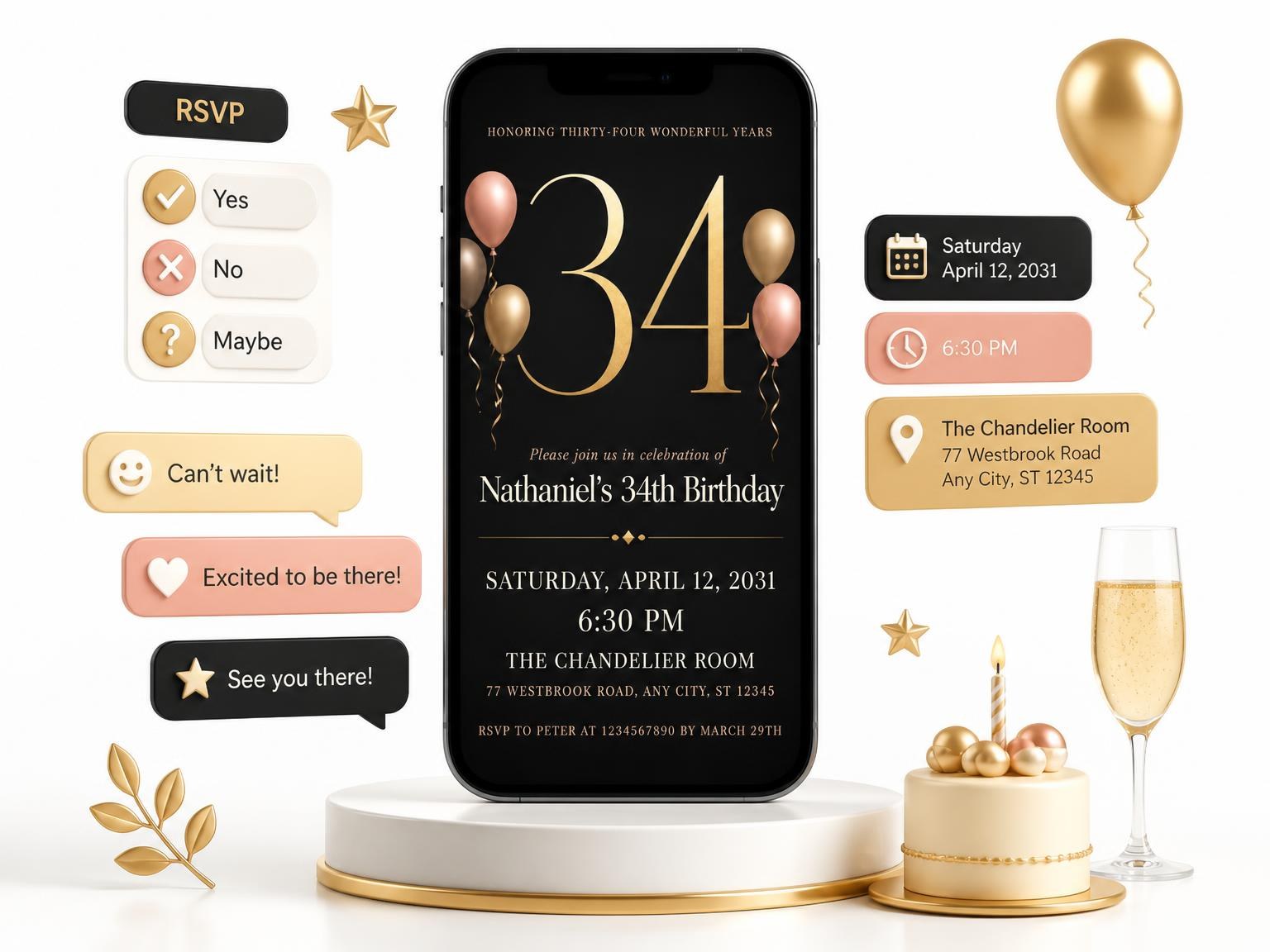 The Charcoal and Blush 34th Birthday Invitation invitation on a phone, with guest RSVPs arriving around it
