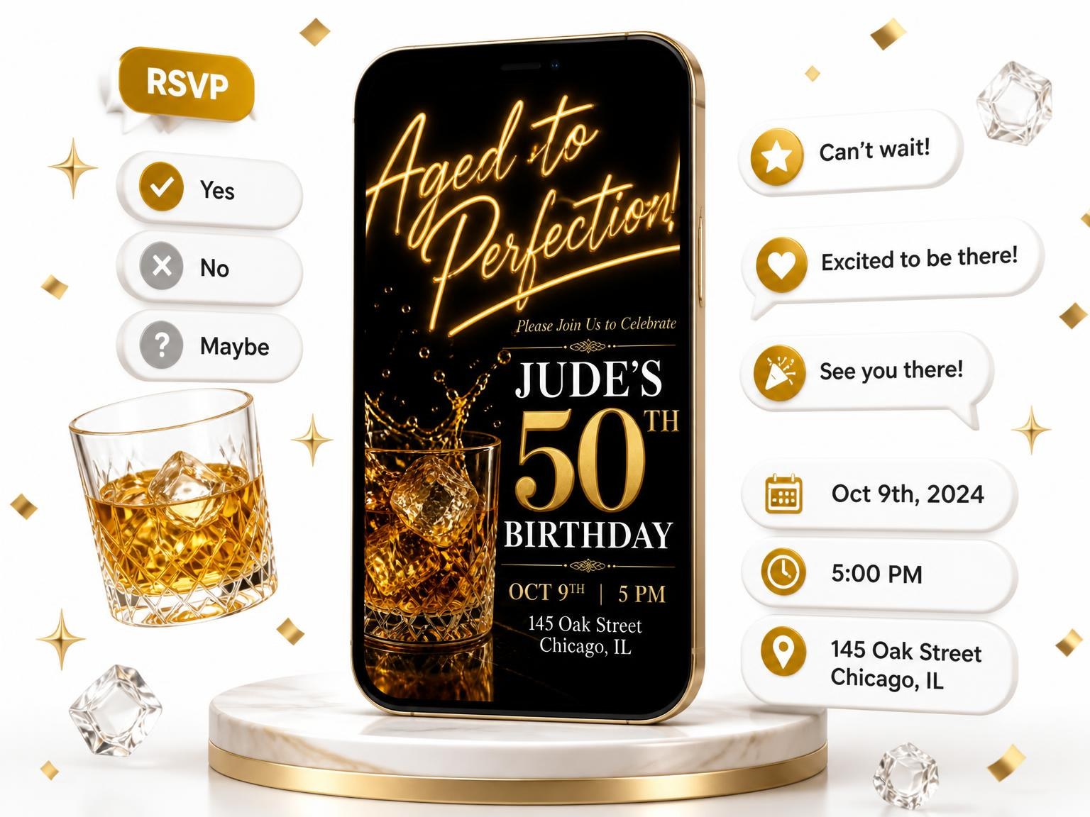 The Whiskey Tumbler 50th Birthday Invitation invitation on a phone, with guest RSVPs arriving around it