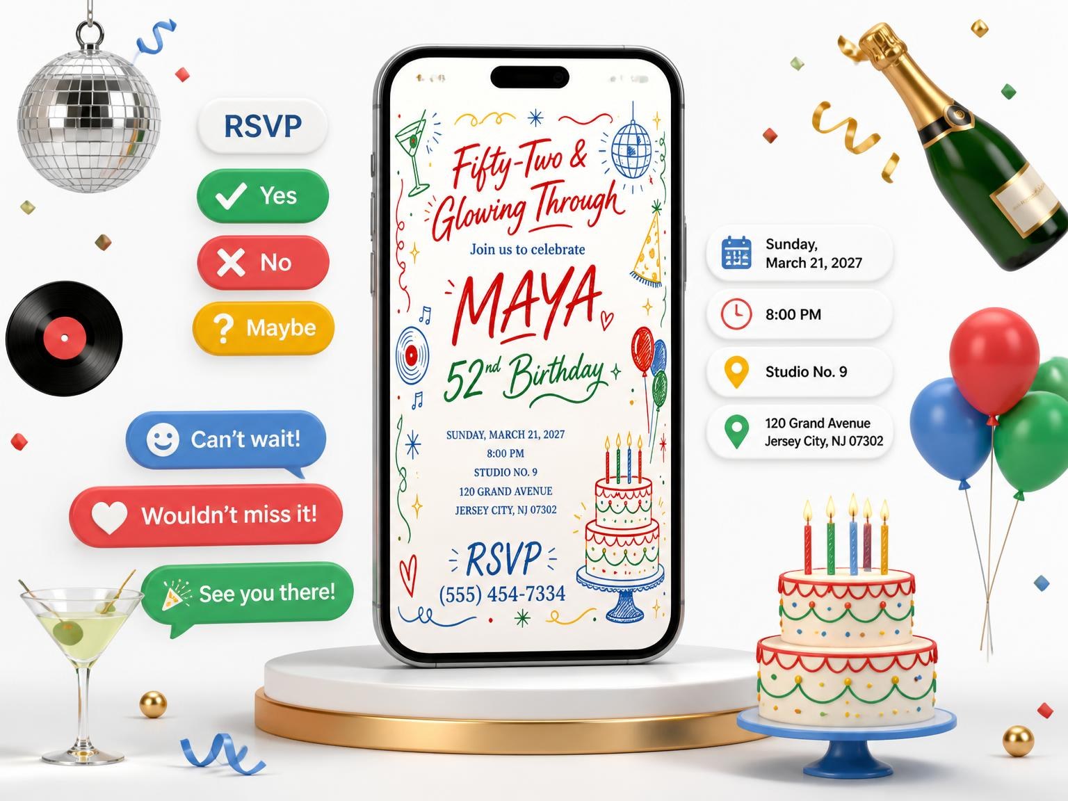 The Retro Doodle 52nd Birthday Invitation invitation on a phone, with guest RSVPs arriving around it