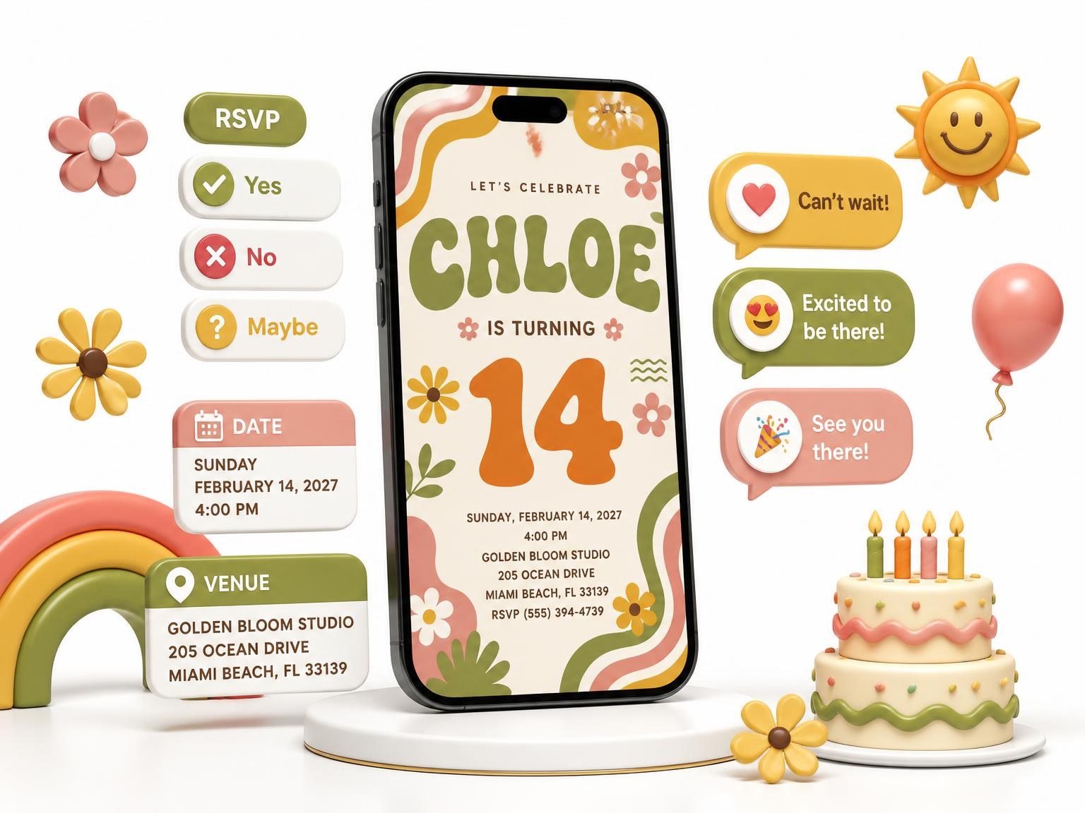 The Groovy Retro 14th Birthday Invitation invitation on a phone, with guest RSVPs arriving around it