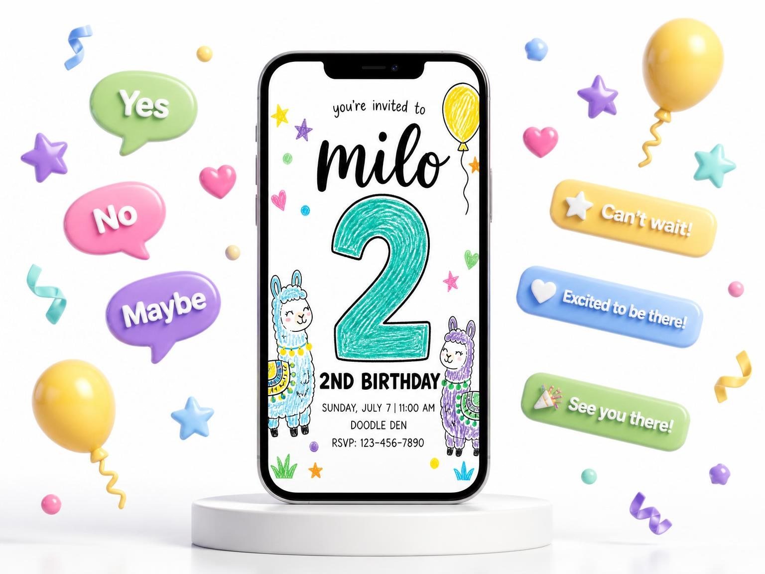 The Crayon Llama Doodle 2nd Birthday Invitation invitation on a phone, with guest RSVPs arriving around it