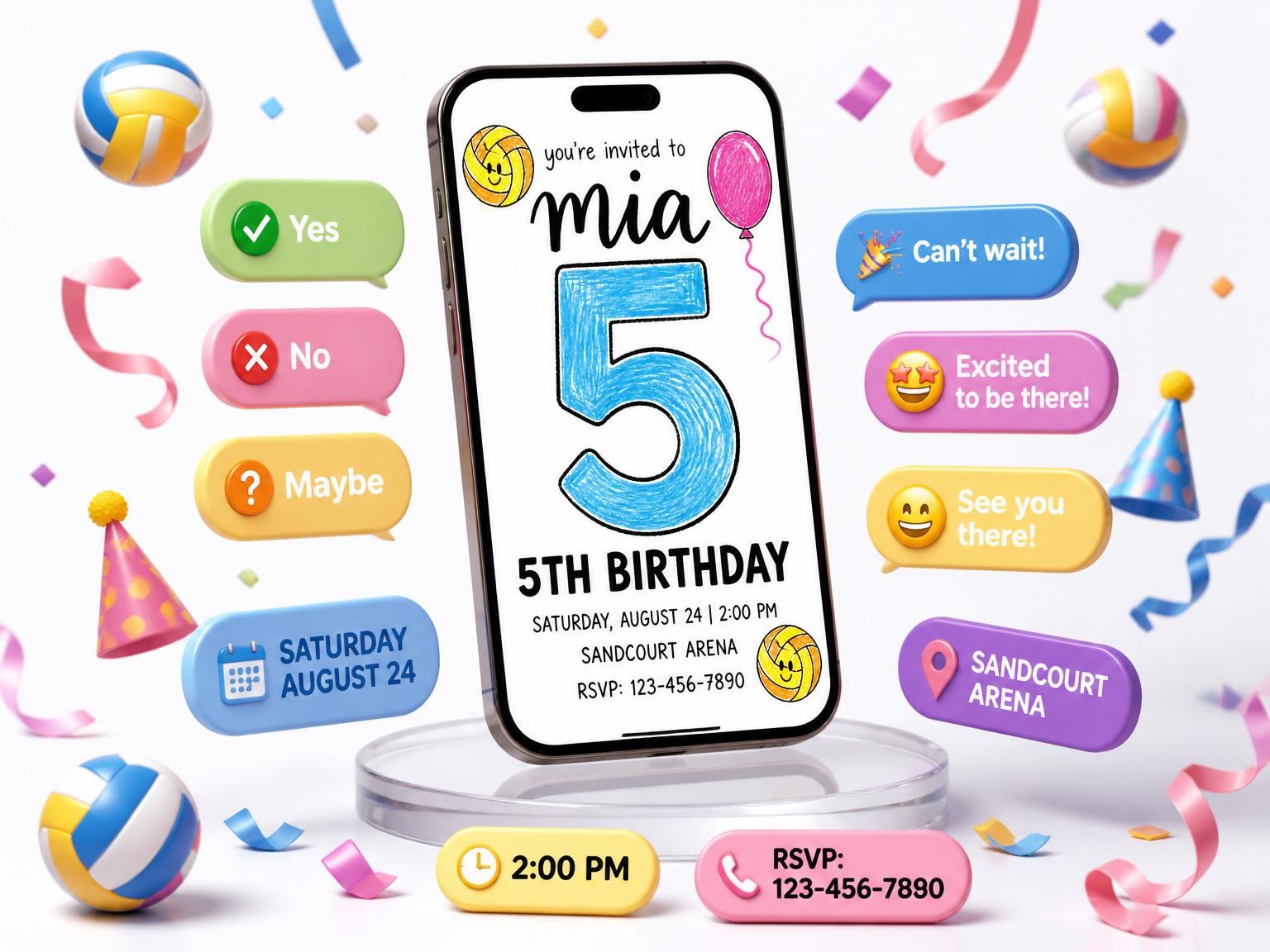 The Crayon Volleyball Sport 5th Birthday Invite invitation on a phone, with guest RSVPs arriving around it