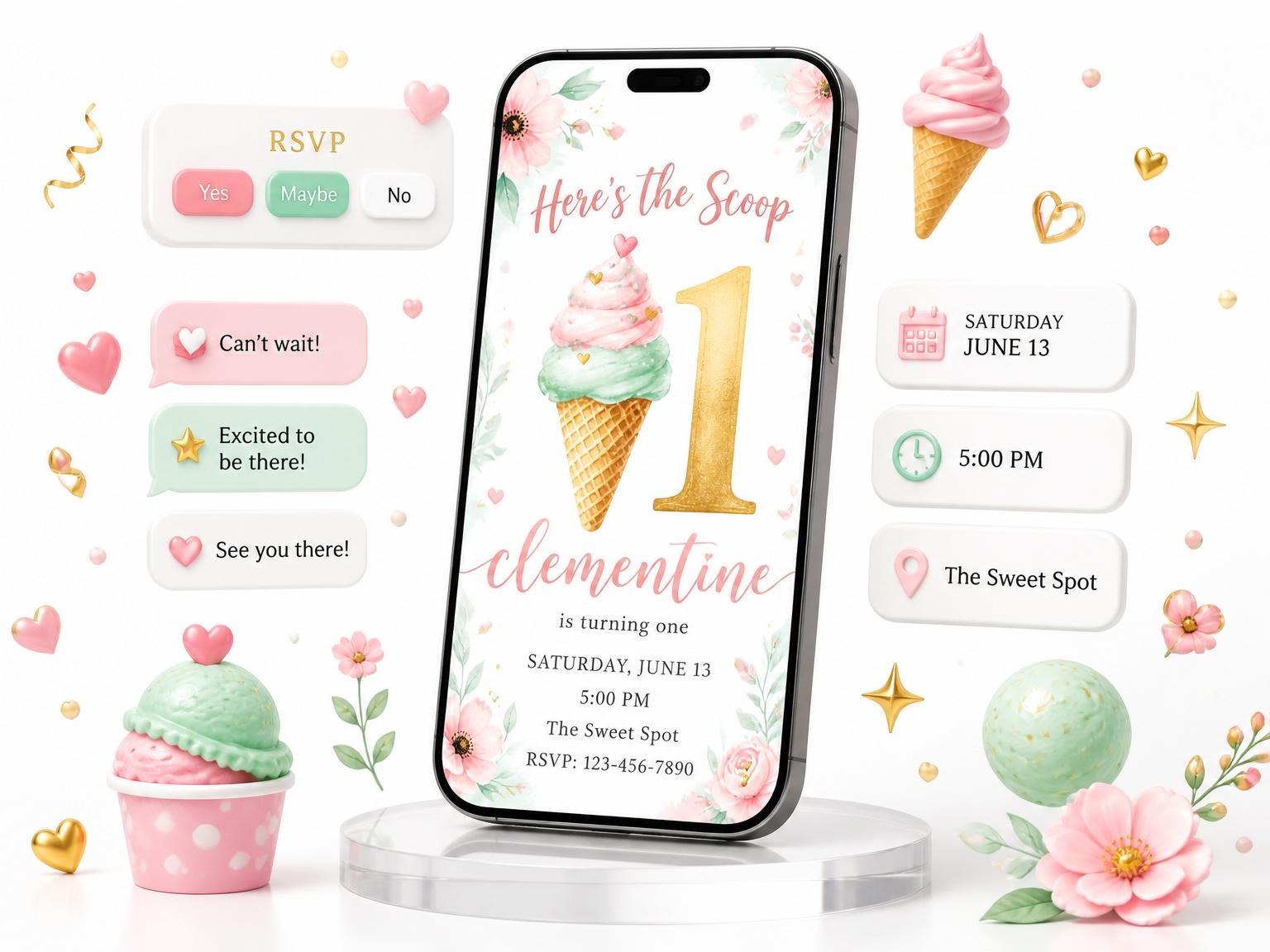 The Watercolor Ice Cream 1st Birthday invitation on a phone, with guest RSVPs arriving around it