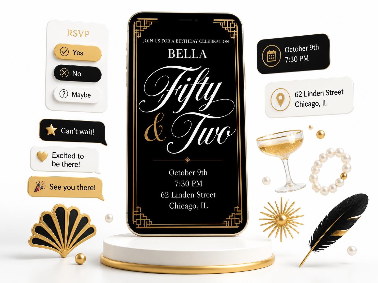 The Art Deco 52nd Birthday Invitation invitation on a phone, with guest RSVPs arriving around it