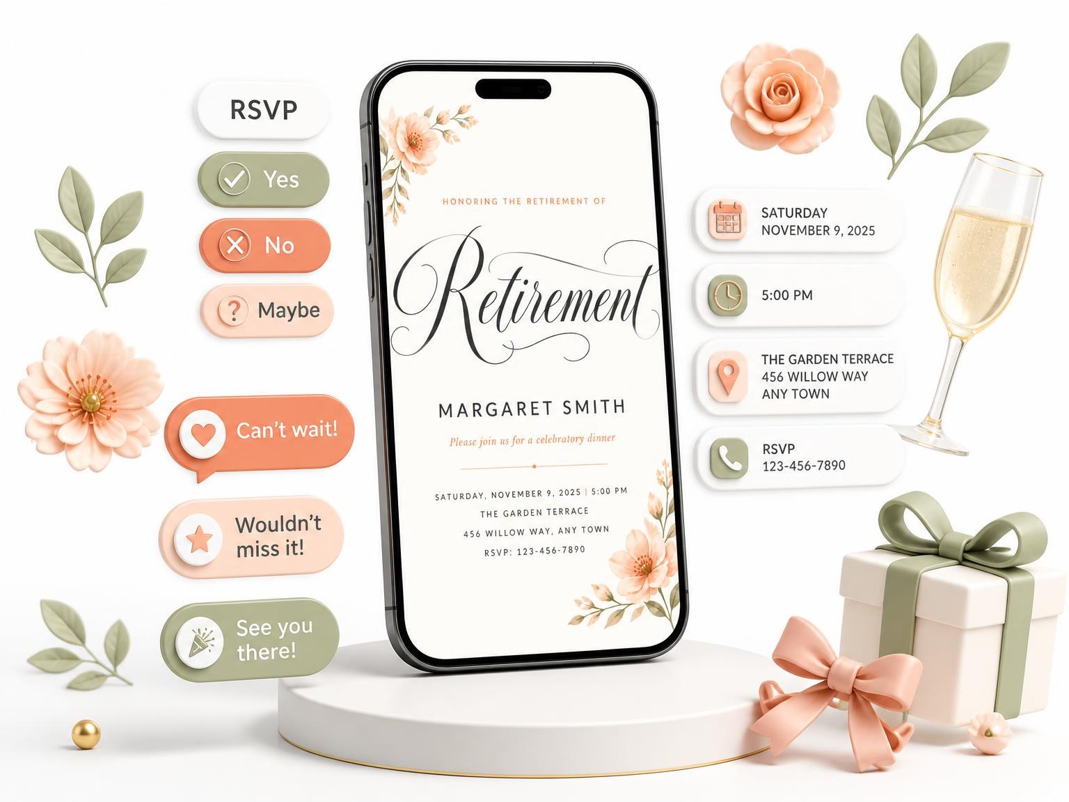 The Floral Bouquet Retirement Invitation invitation on a phone, with guest RSVPs arriving around it