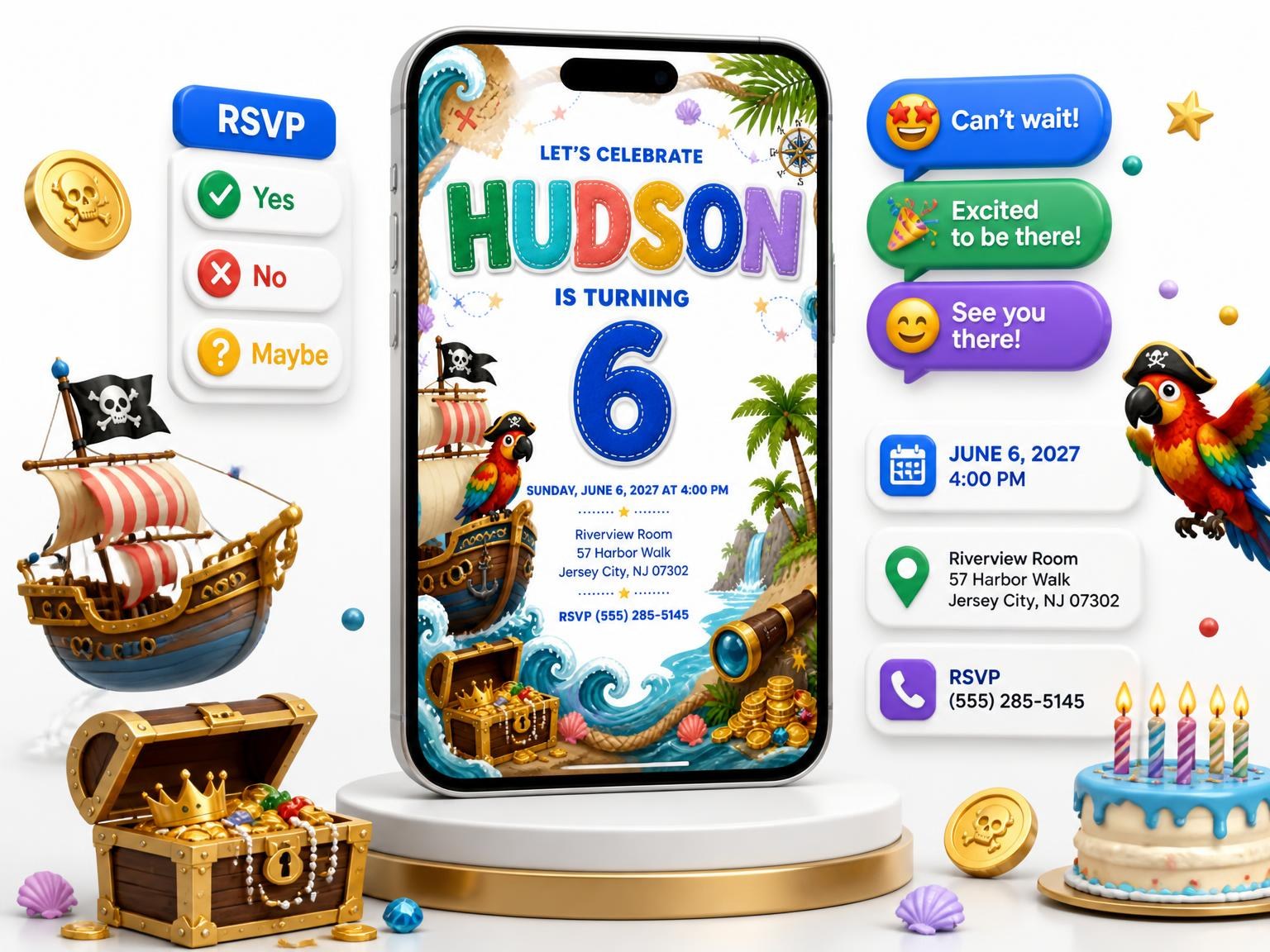 The Pirate Adventure 6th Birthday Invitation invitation on a phone, with guest RSVPs arriving around it