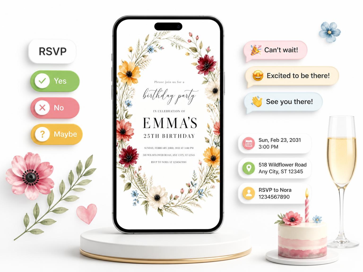 The Floral Wreath Golden 25th Birthday Invitation invitation on a phone, with guest RSVPs arriving around it