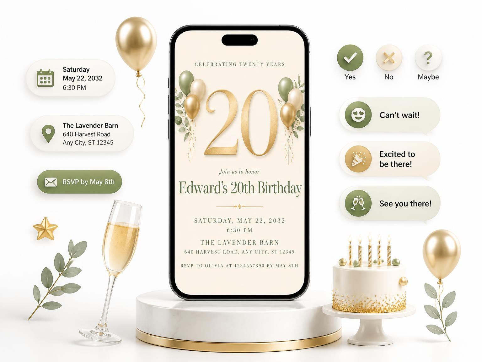 The Sage and Ivory 20th Birthday Invitation invitation on a phone, with guest RSVPs arriving around it