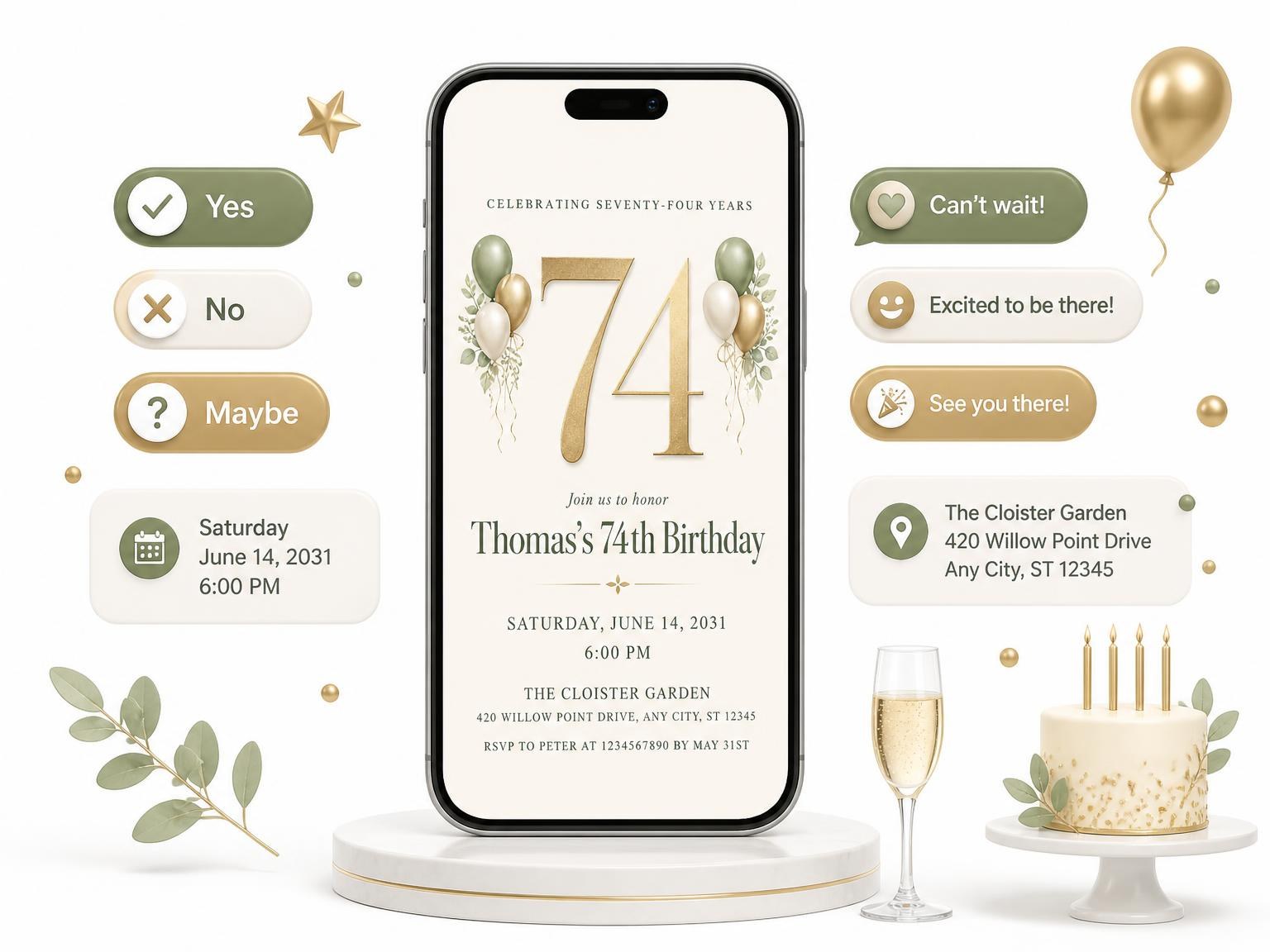 The Sage and Ivory 74th Birthday Invitation invitation on a phone, with guest RSVPs arriving around it