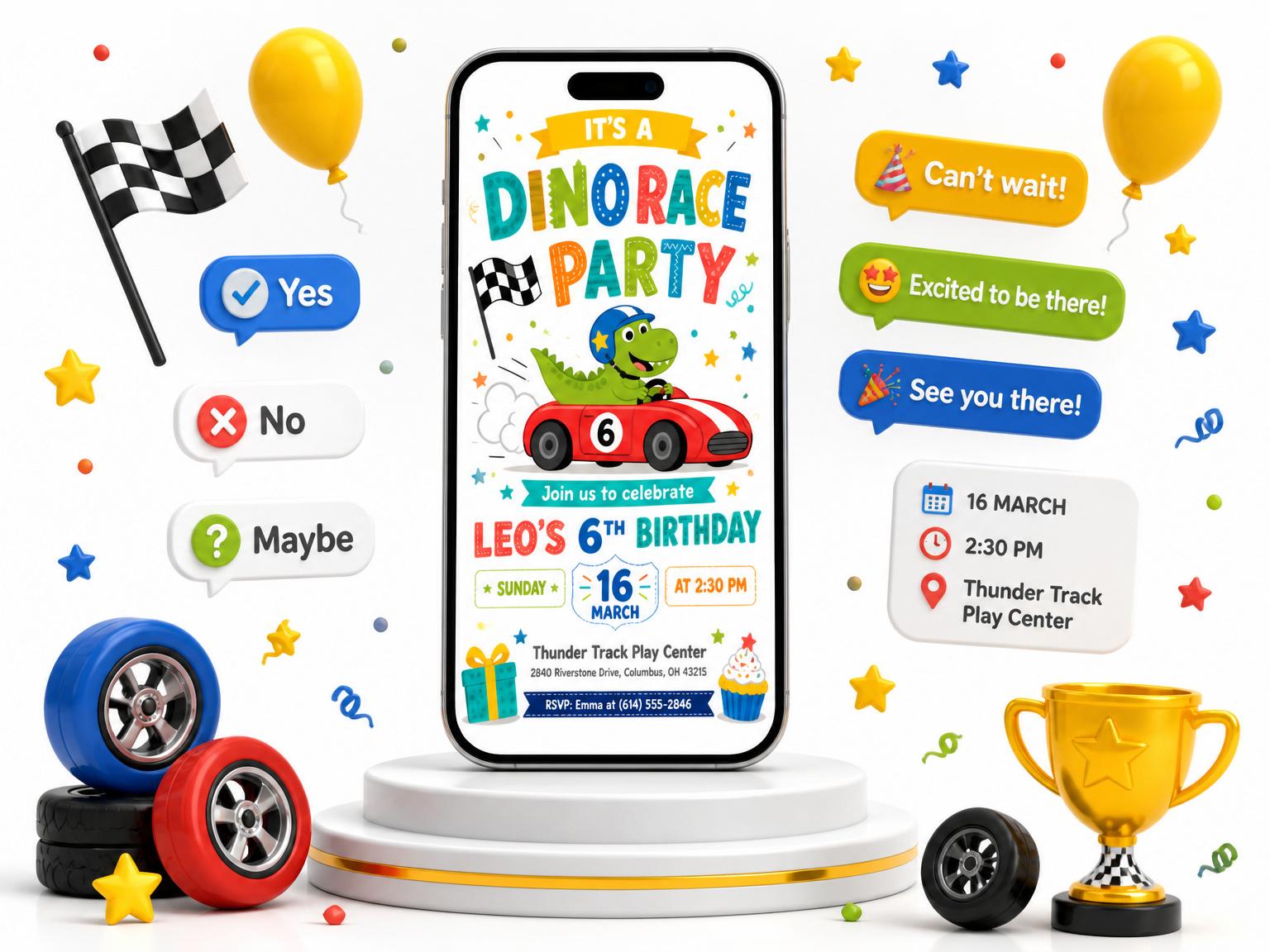The Turbo Dino Racing 6th Birthday Adventure invitation on a phone, with guest RSVPs arriving around it