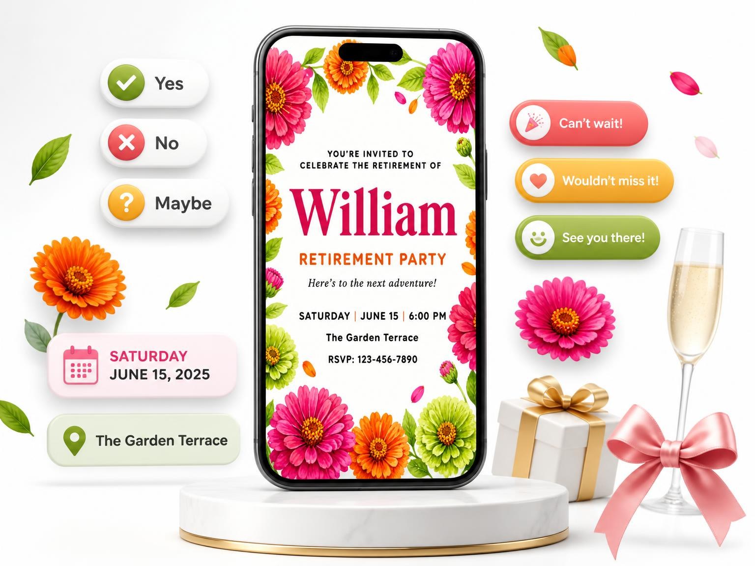 The Blossoms Foliage Retirement Party Invitation invitation on a phone, with guest RSVPs arriving around it