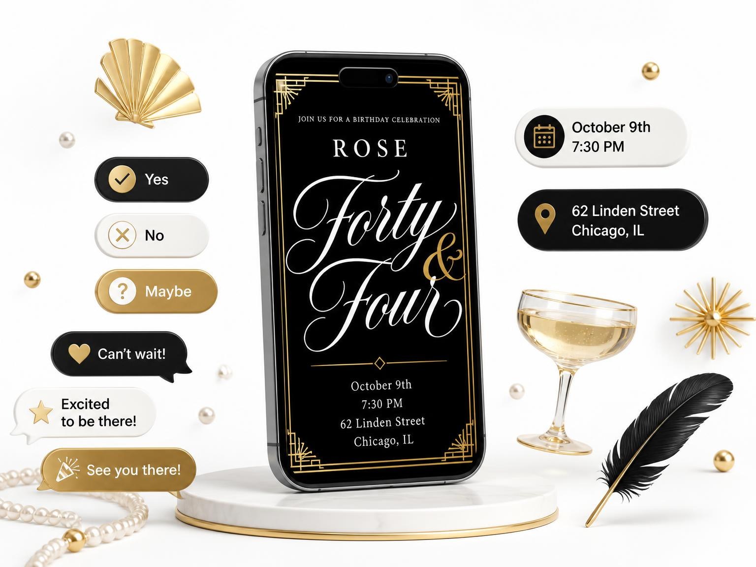 The Art Deco 44th Birthday Invitation invitation on a phone, with guest RSVPs arriving around it