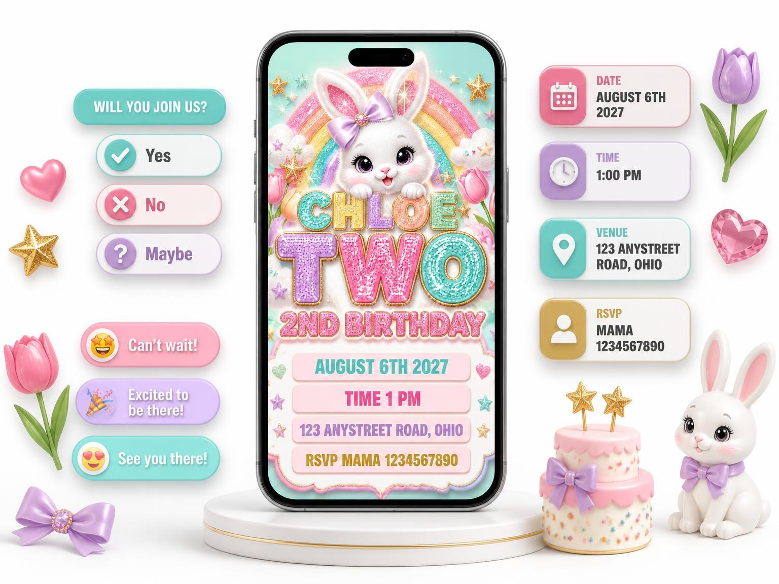 The Glitter Sparkle Bunny 2nd Birthday Invitation invitation on a phone, with guest RSVPs arriving around it