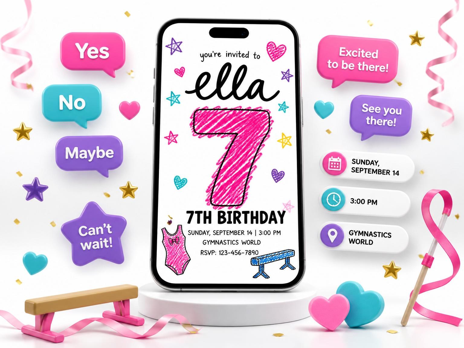 The Crayon Gymnastics Girl's 7th Birthday Invitation invitation on a phone, with guest RSVPs arriving around it