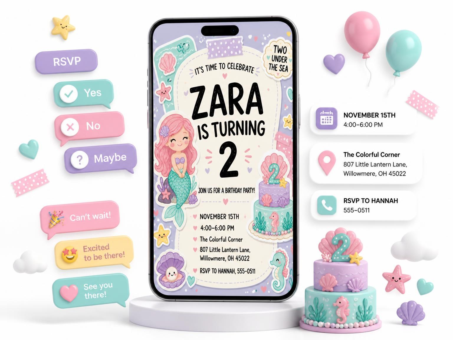The Mermaid Pastel 2nd Birthday Invitation invitation on a phone, with guest RSVPs arriving around it