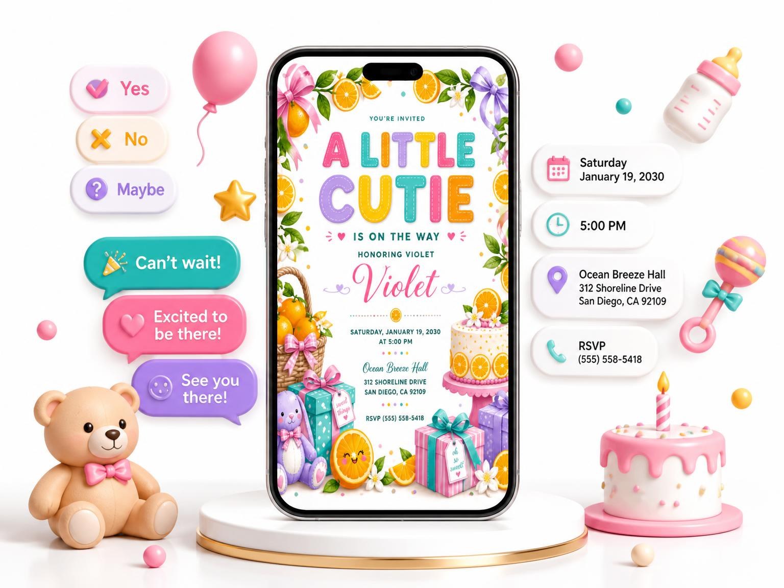 The Cutie Oranges Baby Shower Invitation invitation on a phone, with guest RSVPs arriving around it