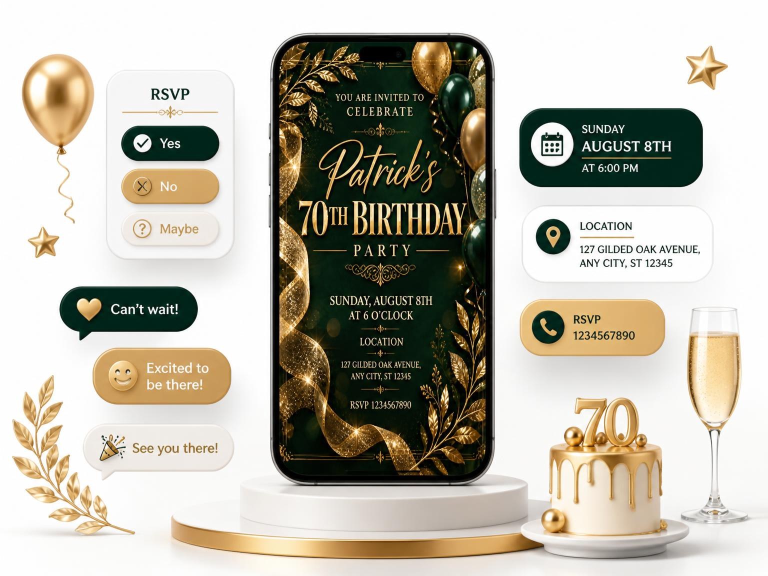 The Emerald and Champagne 70th Birthday Invitation invitation on a phone, with guest RSVPs arriving around it