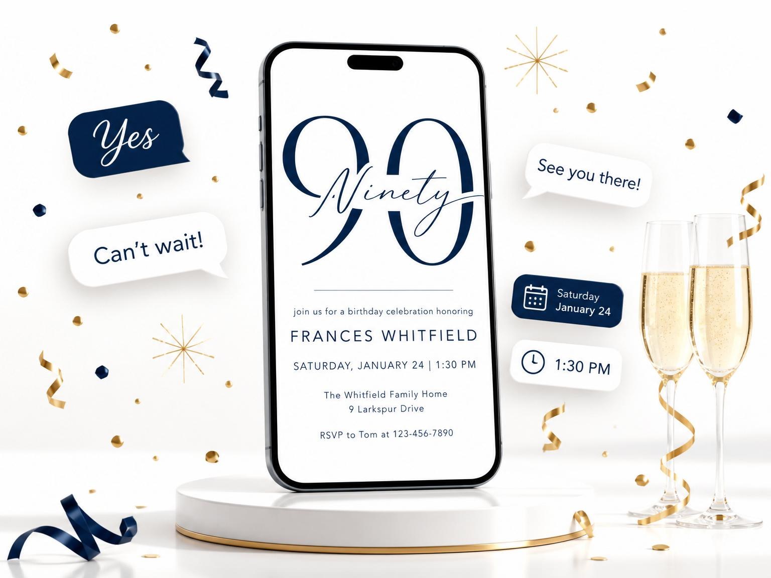 The Minimalist Navy Ninety Milestone invitation on a phone, with guest RSVPs arriving around it