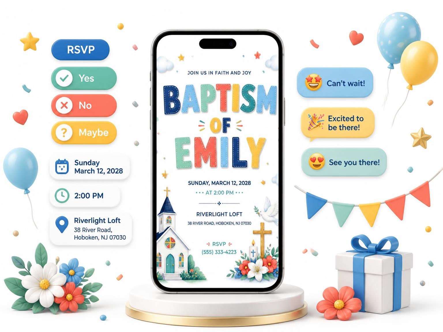 The Floral Baptism Invitation invitation on a phone, with guest RSVPs arriving around it