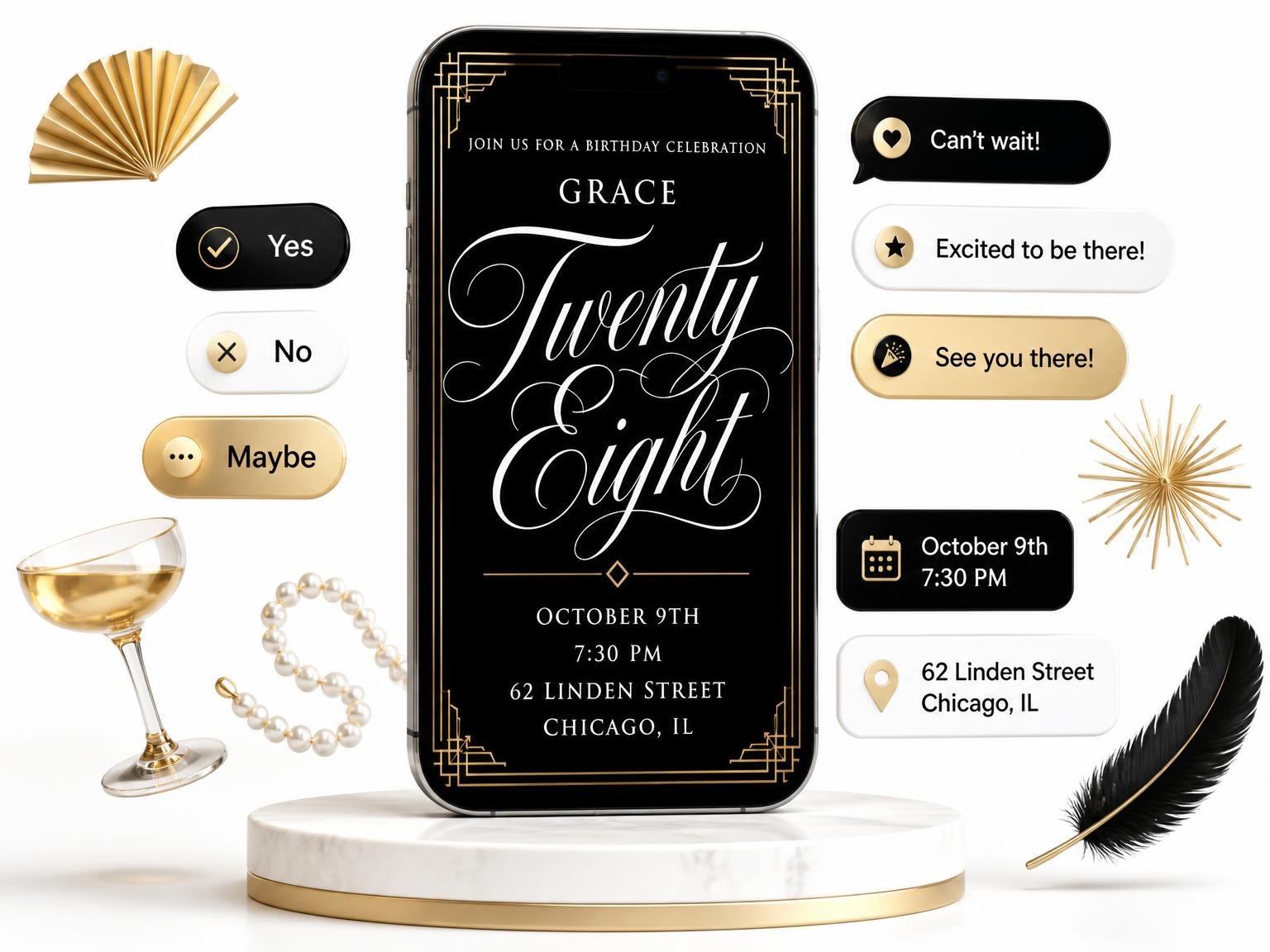 The Art Deco 28th Birthday Invitation invitation on a phone, with guest RSVPs arriving around it
