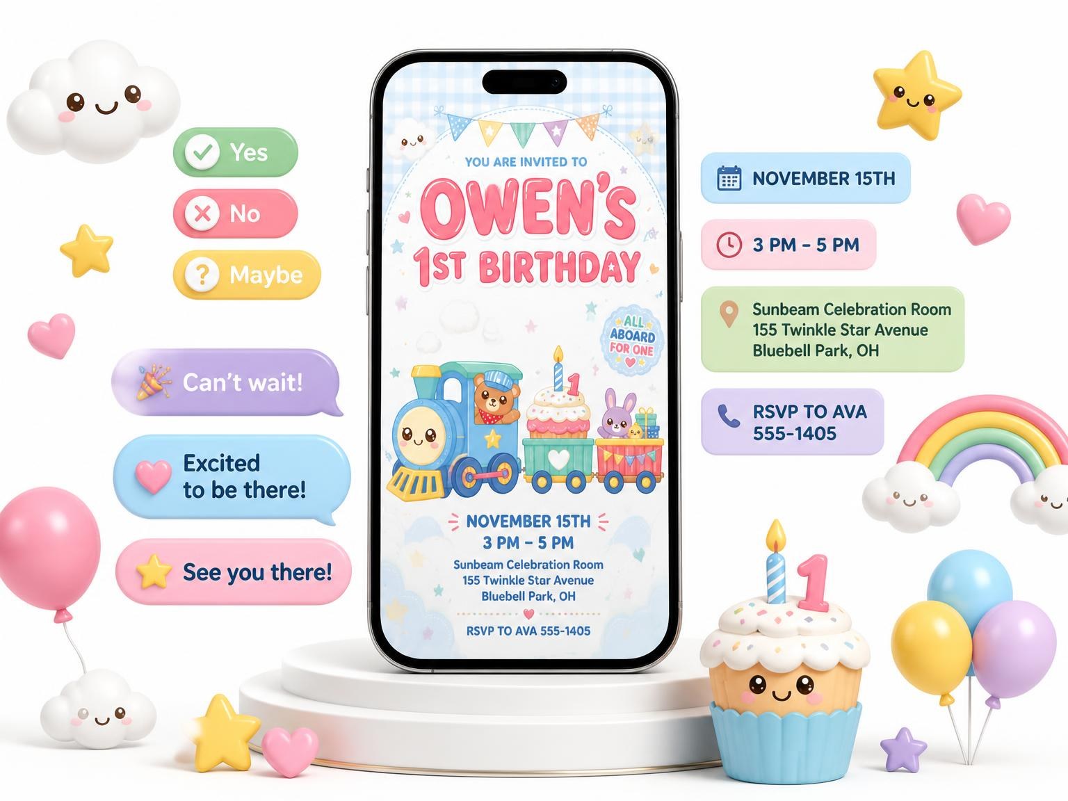The Kawaii Choo-Choo Train 1st Birthday Invitation invitation on a phone, with guest RSVPs arriving around it